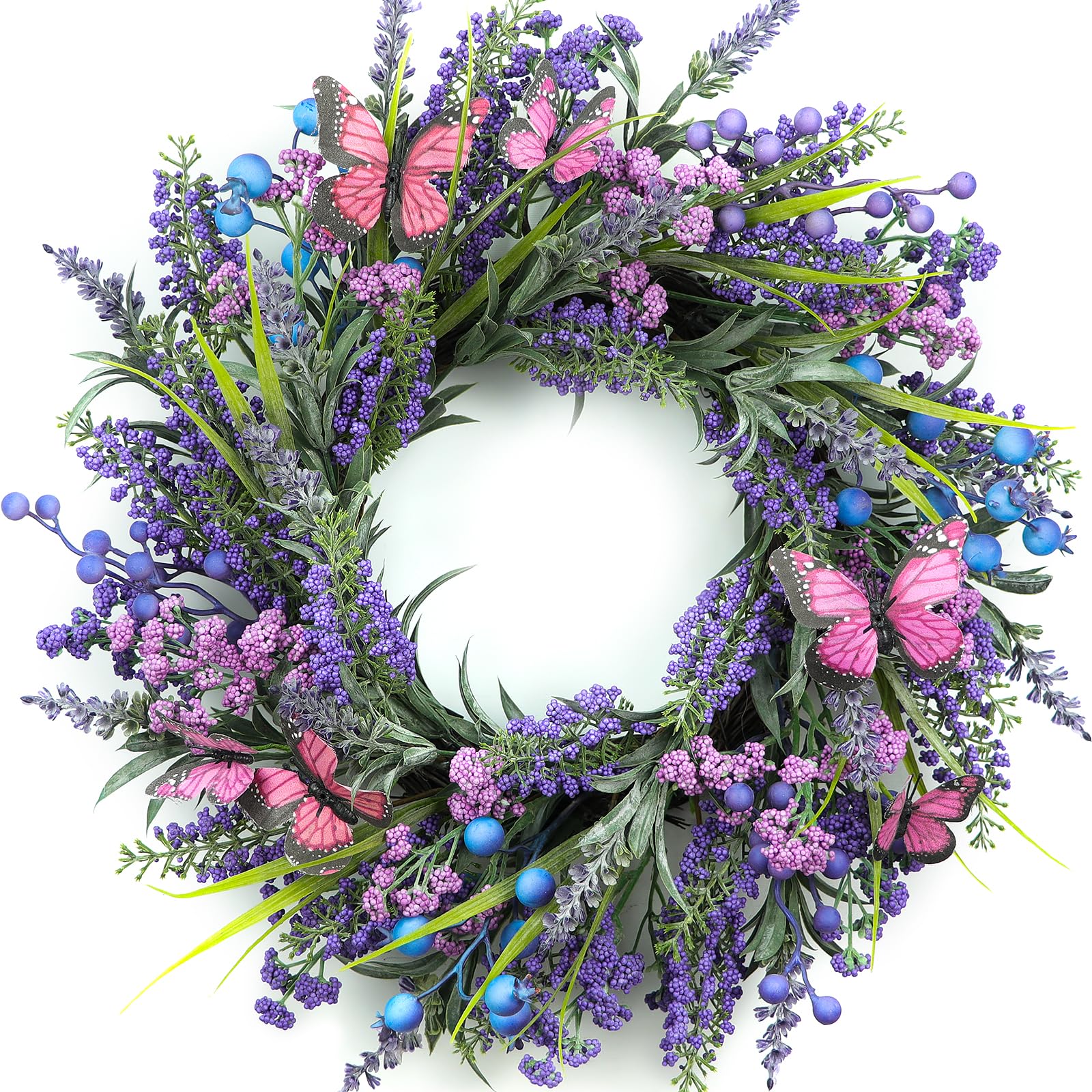 18 Inch Lavender Wreath with Berries & Butterflies - Spring Floral Door Wreath for Year-Round Indoor/Outdoor Decor - Perfect for Front Door, Wall, Window, Wedding & Party Decorations
