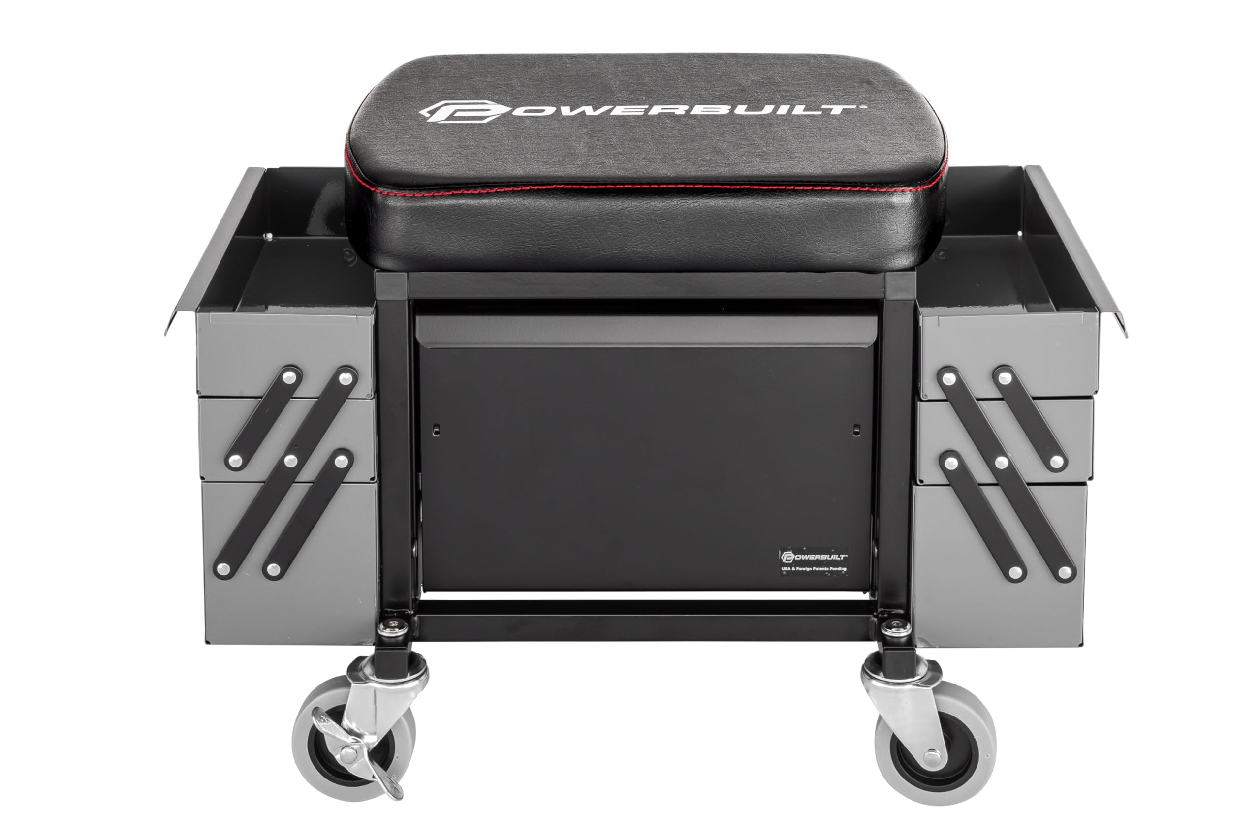 Powerbuilt Rolling Seat with Expandable Tool Trays - Heavy Duty Garage Stool with Tool Storage, Grey (941918ECE) - Perfect for Mechanics, DIY Enthusiasts & Workshop Use