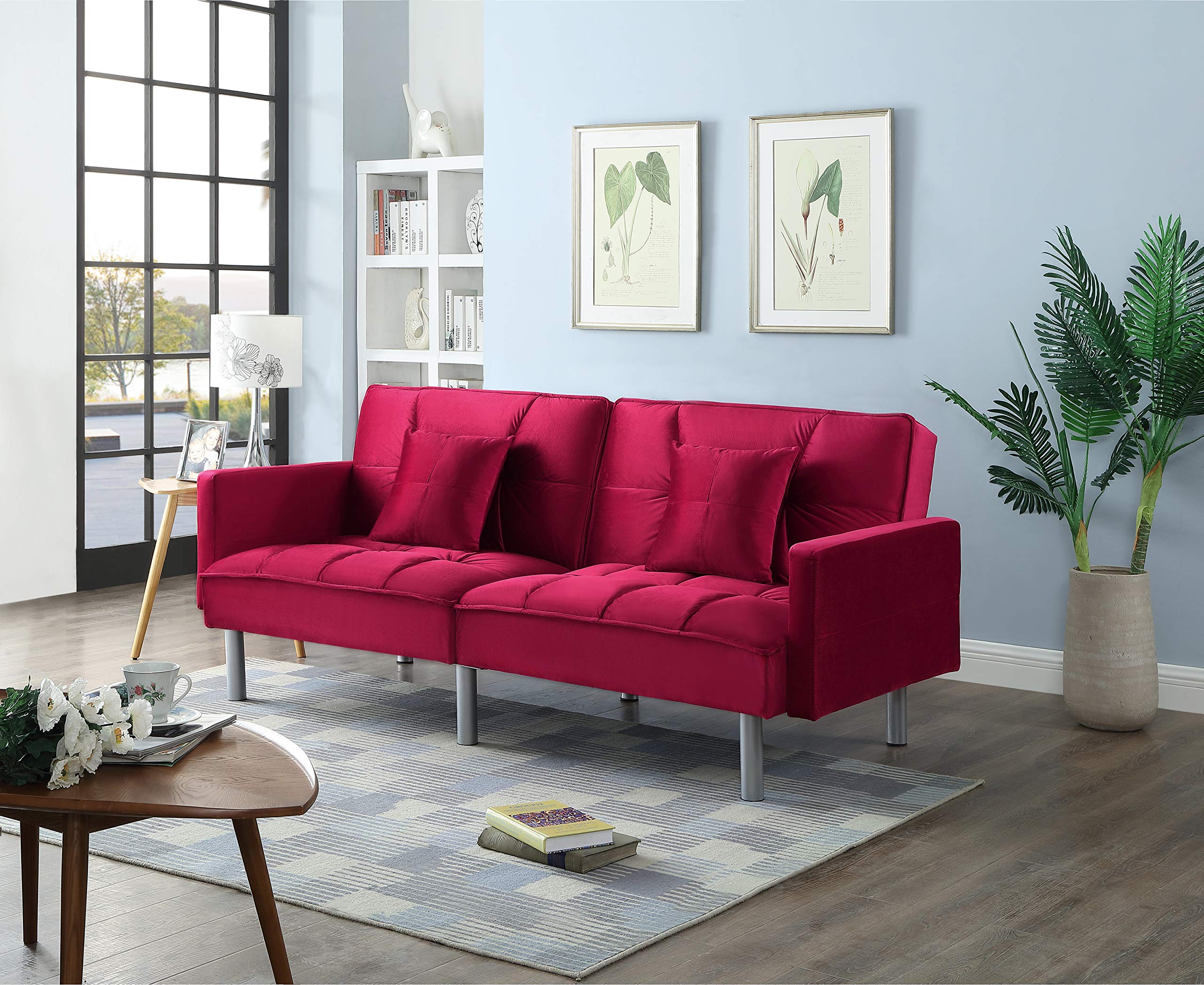Legend Vansen Velvet Sleeper Loveseat with Pillow - Twin Size Contemporary Sofa Bed for Living Room & Bedroom - 75.5 Inch Convertible Couch in Red - Perfect for Small Spaces, Guest Rooms & Studio Apartments