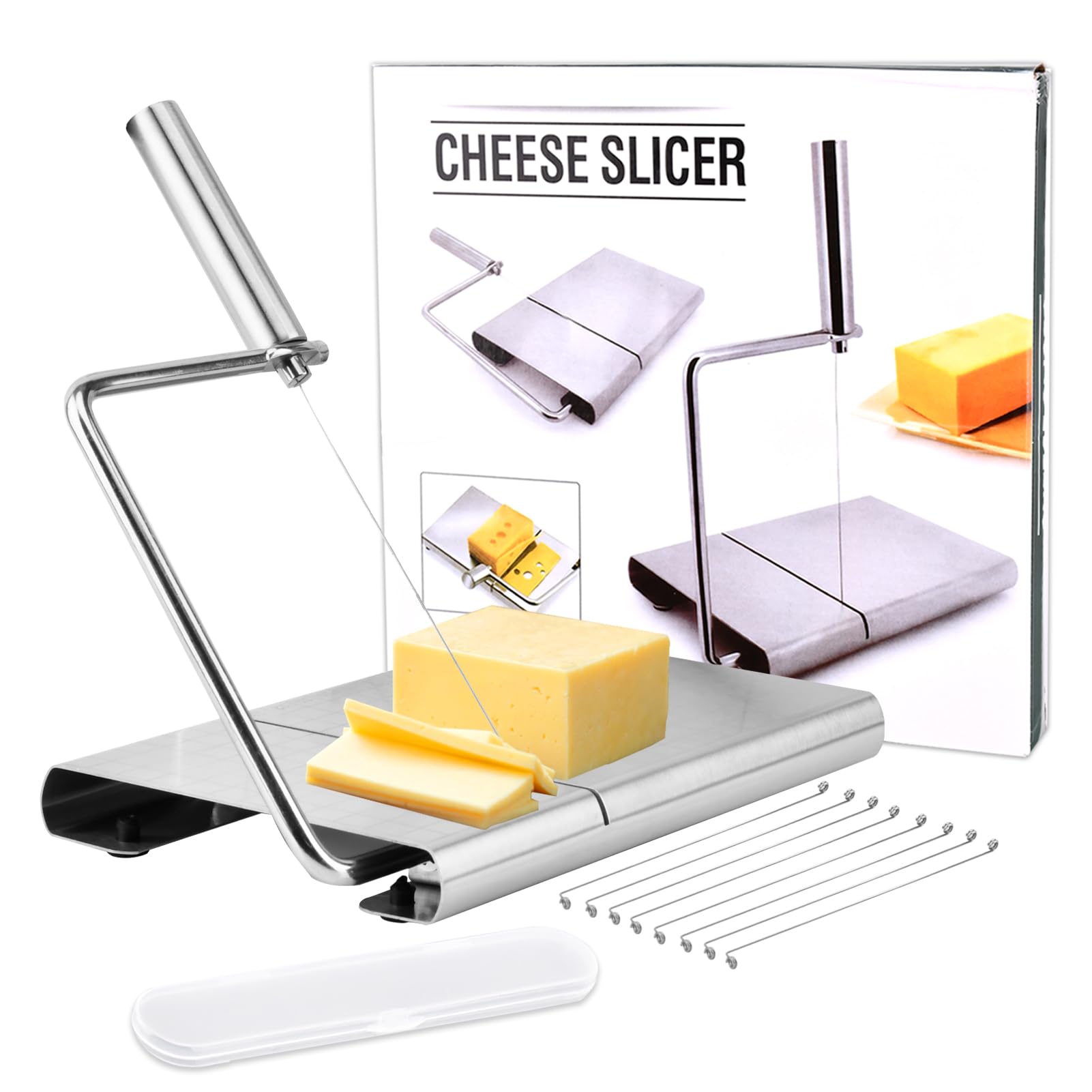 Premium Cheese Slicer Kit with 8 Replaceable Wires, Cutting Board & Measuring Grid - Adjustable for Cheese & Butter - Perfect for Kitchens, Delis & Gourmet Food Preparation