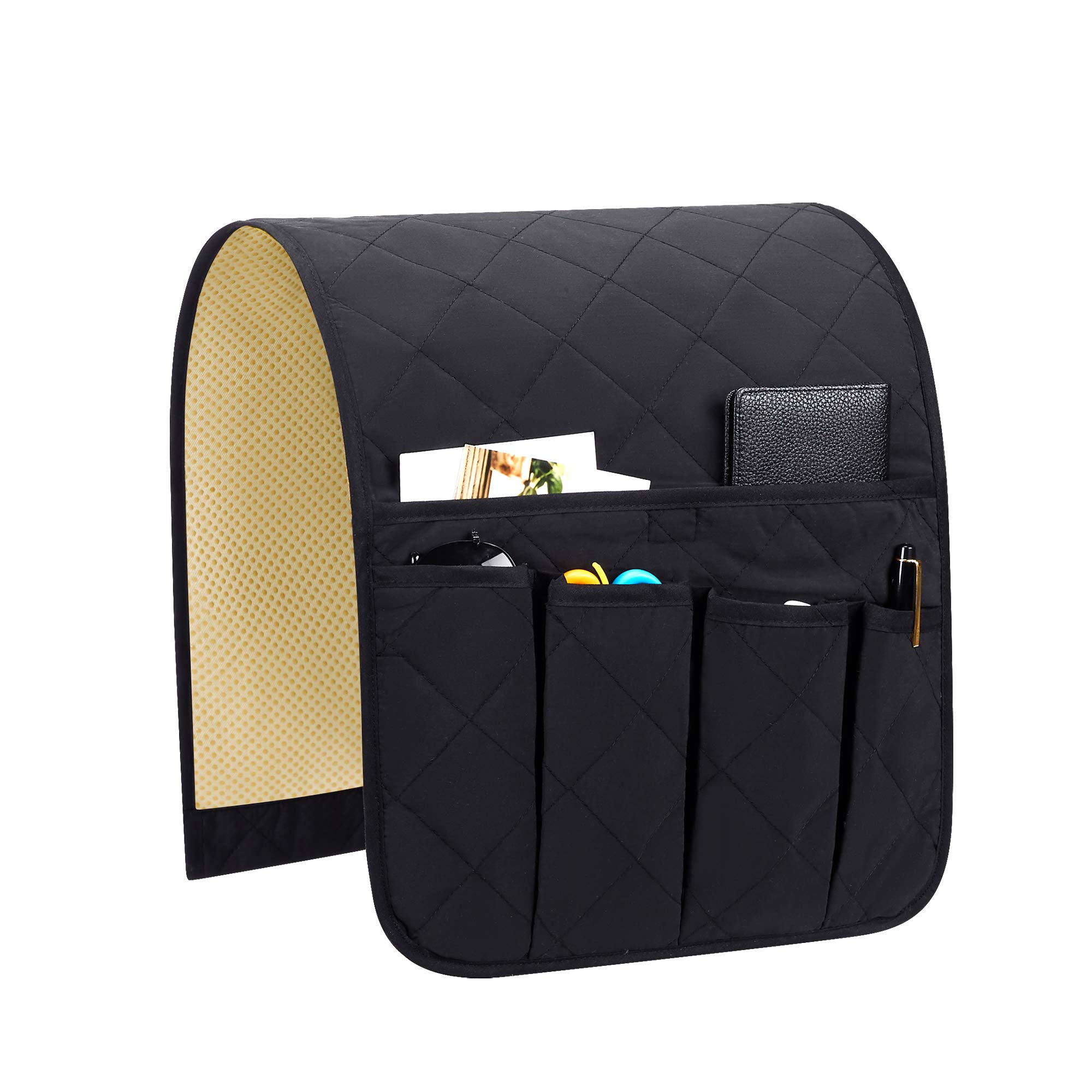 Non-Slip Armrest Organizer with 5 Pockets - Universal Couch Sofa Chair Caddy for Remote Control, Smartphone, Books, iPad & Magazines (Black) - Perfect for Living Room, Bedroom & Office Organization