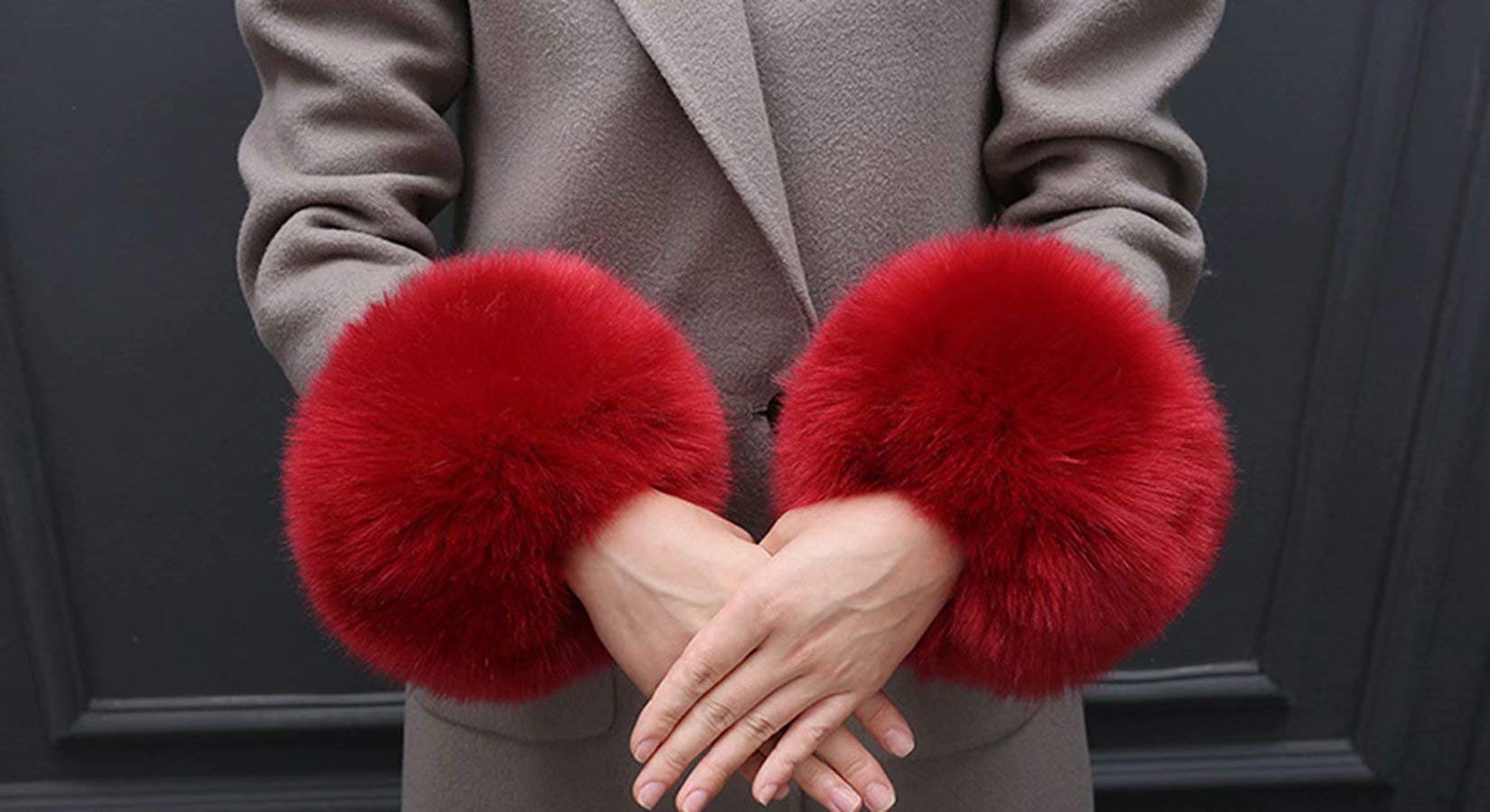 Women's Winter Faux Fur Arm Warmers - Dark Red Fleece Wristband Ring Short Cuff Hand Warmers for Cold Weather | Perfect for Outdoor Activities, Snow Sports & Fashion Accessories