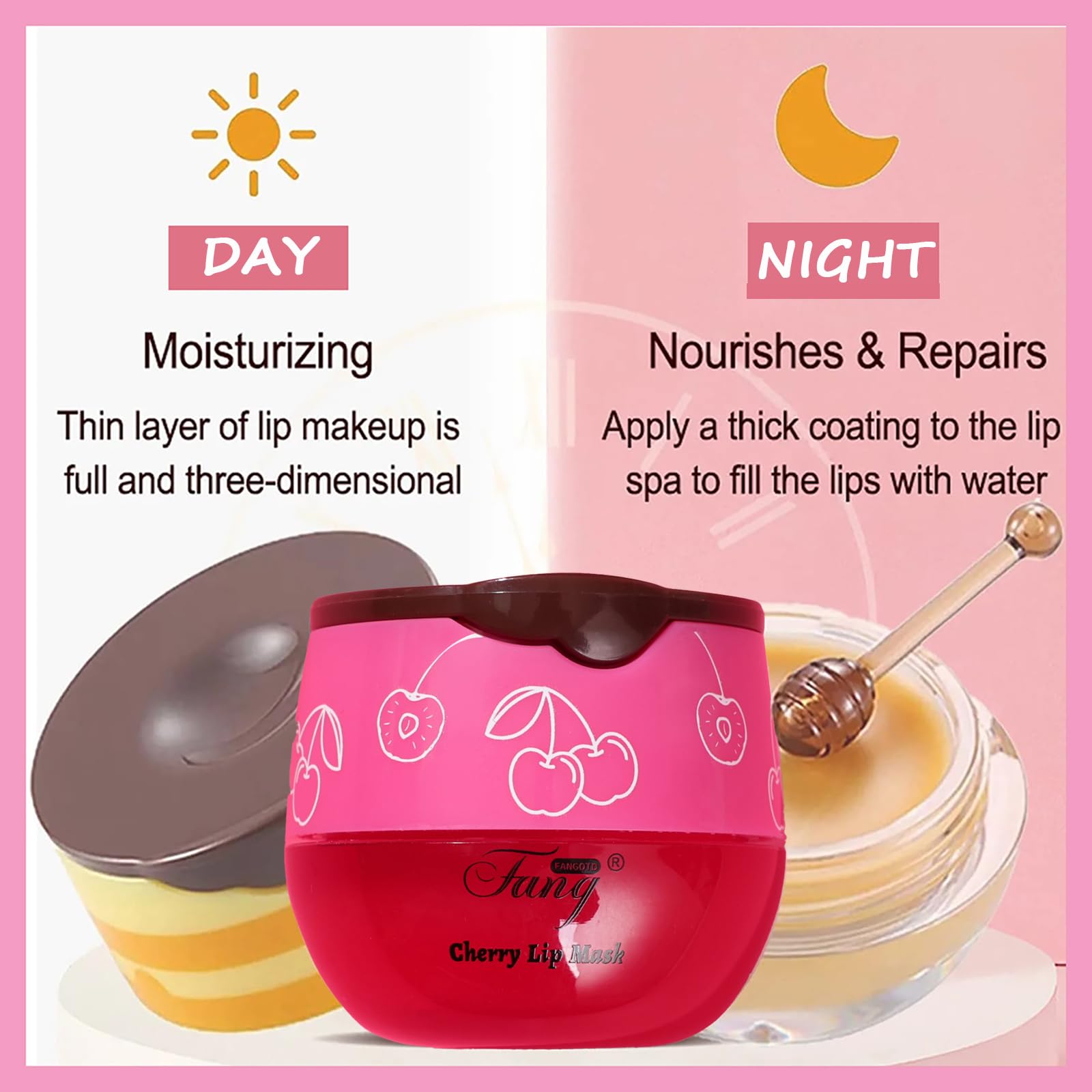 1 PCS Bee Lip Balm Lip Mask Honey Pot - Cherry Moisturizing Overnight Sleeping Lip Treatment with Applicator Stick | Hydrating Dry & Cracked Lips | Perfect for Night Care, Travel, and Winter Lip Protection
