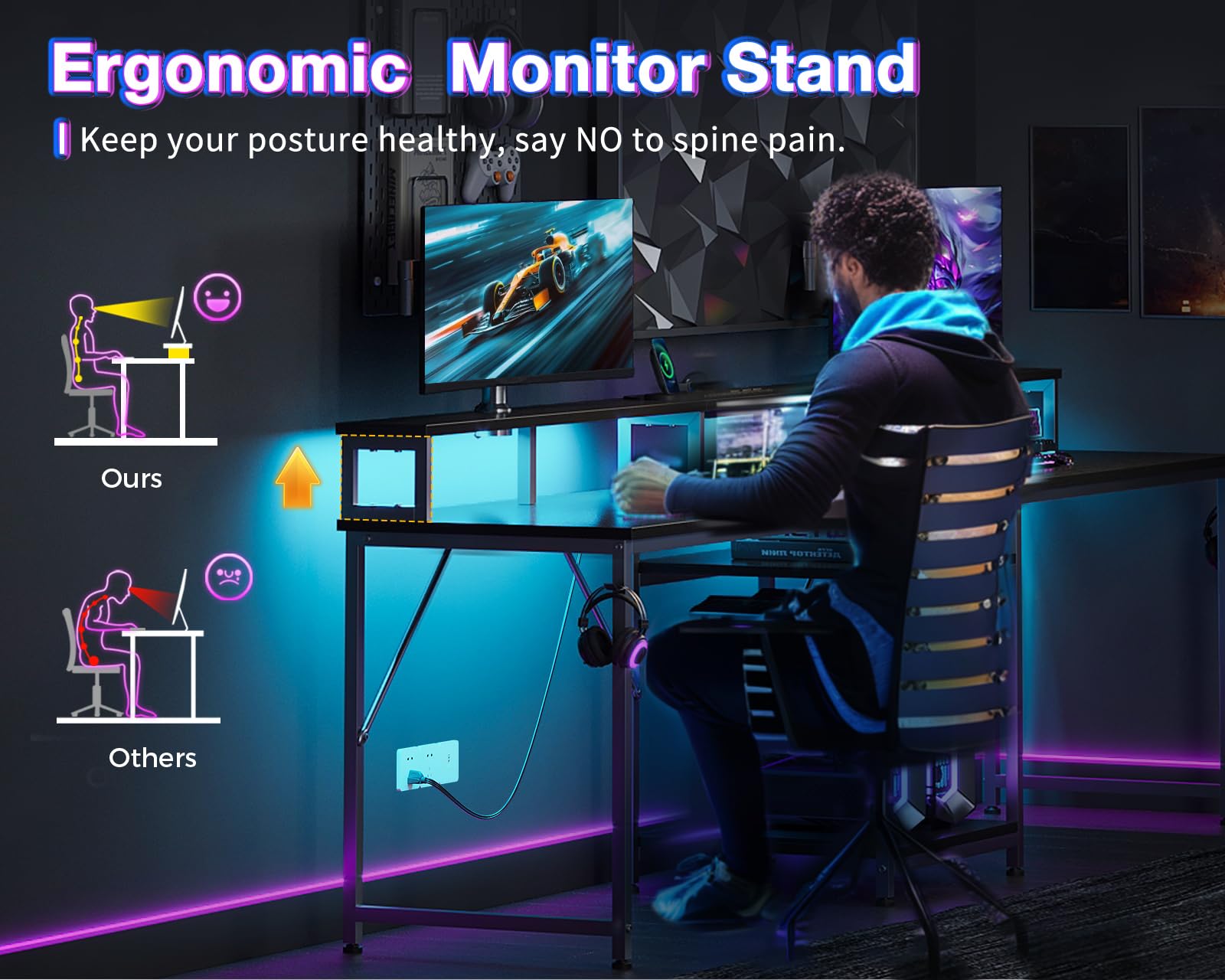 Coleshome 98 Inch 2-Person Gaming Desk with Storage Shelves - Large Double Home Office Computer Desk with USB Charging Port & LED Lights, Writing Desk with Monitor Stand - Modern Study/Work Table for Gamers & Professionals (Black) | Perfect for Gaming Setups, Home Office & Workspaces