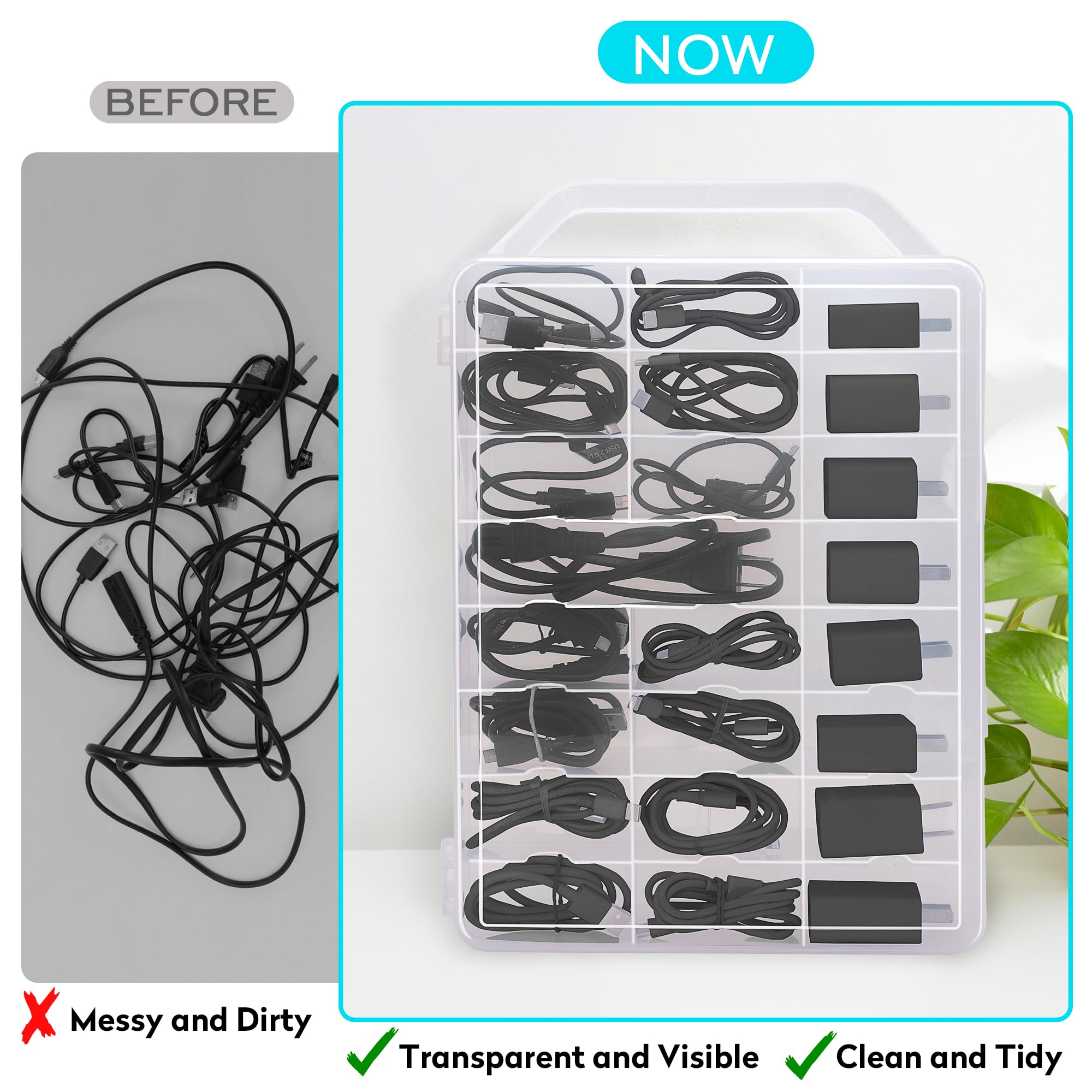 Double Sided Cable Organizer Box with Handle & Lid - 46 Compartments Clear Charging Station for Cables & Chargers - Perfect for Home Office, Travel & Electronics Storage