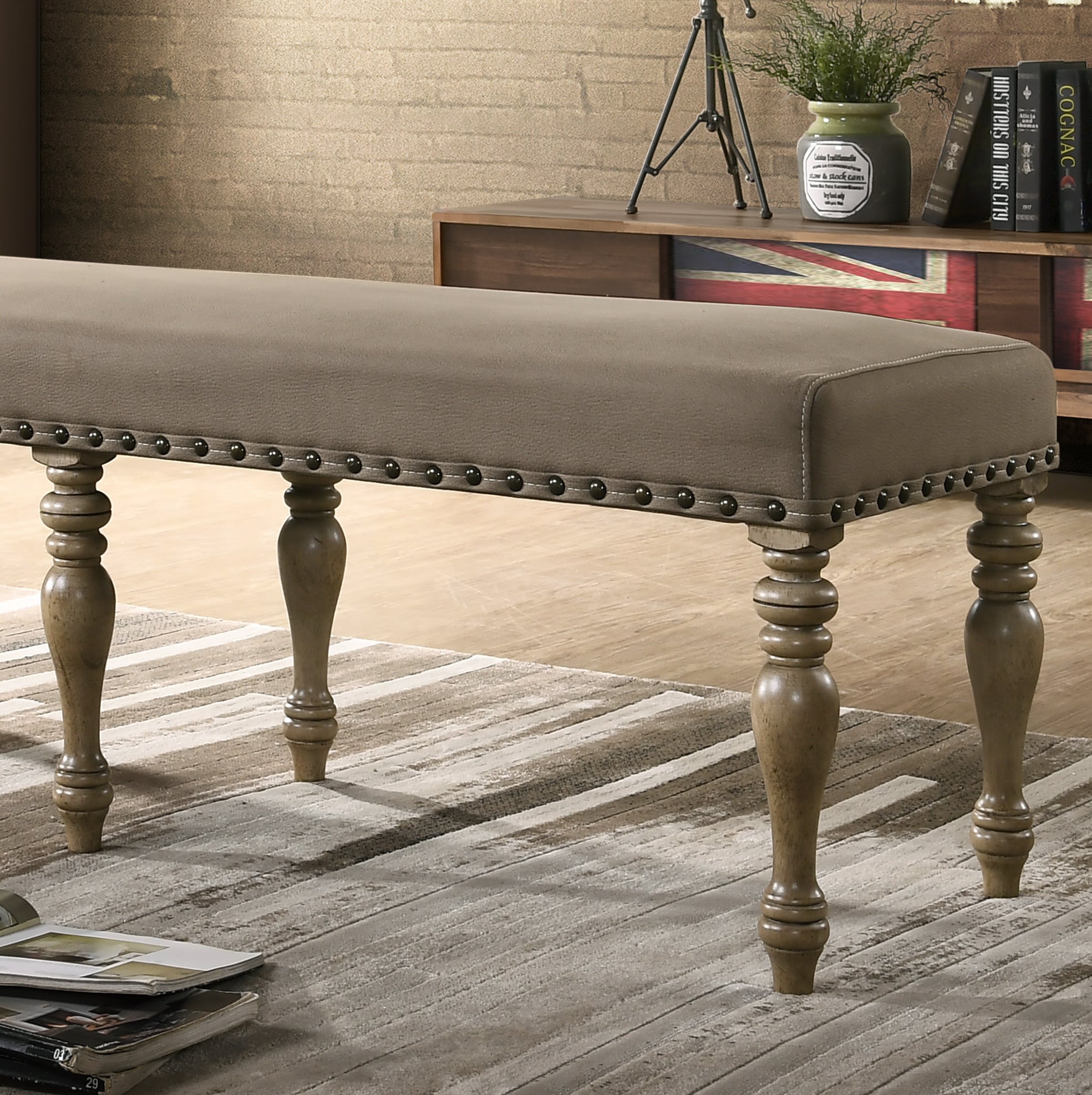 Roundhill Furniture Birmingham Microfiber Upholstered Bench with Nail Head Trim in Driftwood Finish - Stylish Entryway, Bedroom, or Living Room Seating