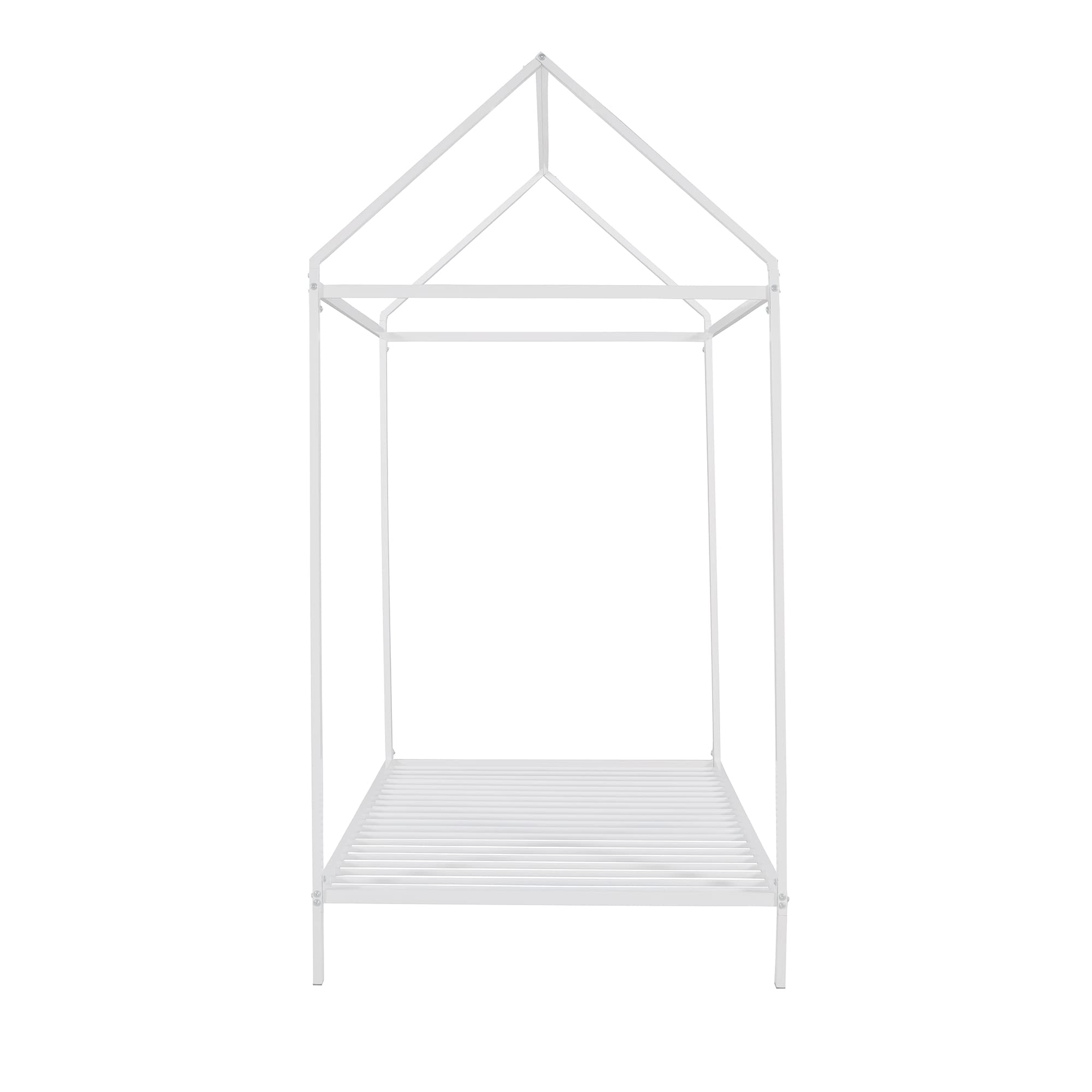 Montessori Twin Bed for Kids - White Metal Platform Bed with Roof, Low Floor Bed for Boys & Girls, No Box Spring Needed | Perfect for Small Rooms, Playrooms & Montessori Learning Spaces