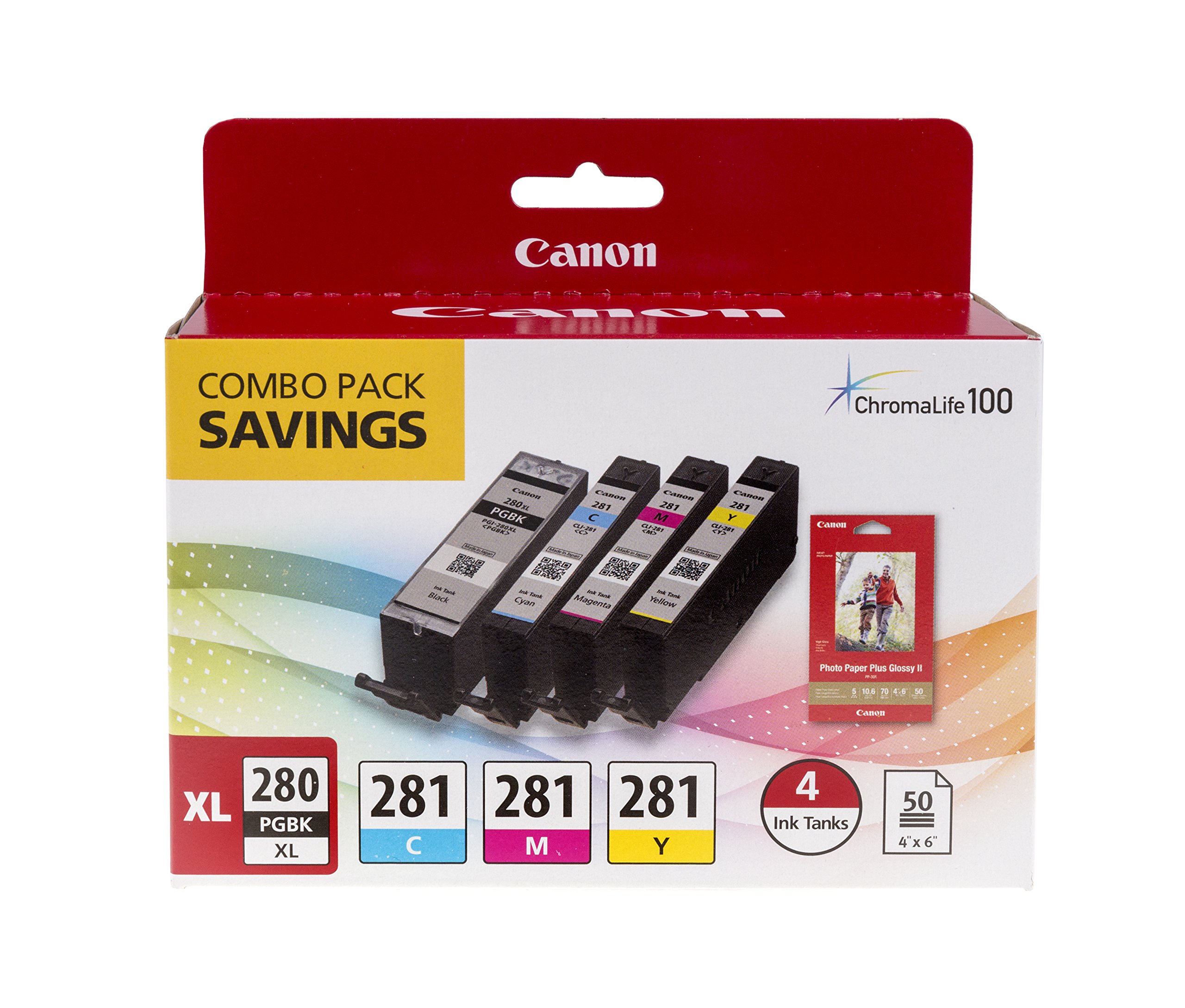Canon PGI-280XL PGBK & CLI-281CMY Ink Cartridges with Photo Paper Bundle - High-Quality Printing for Home, Office & Photography Projects