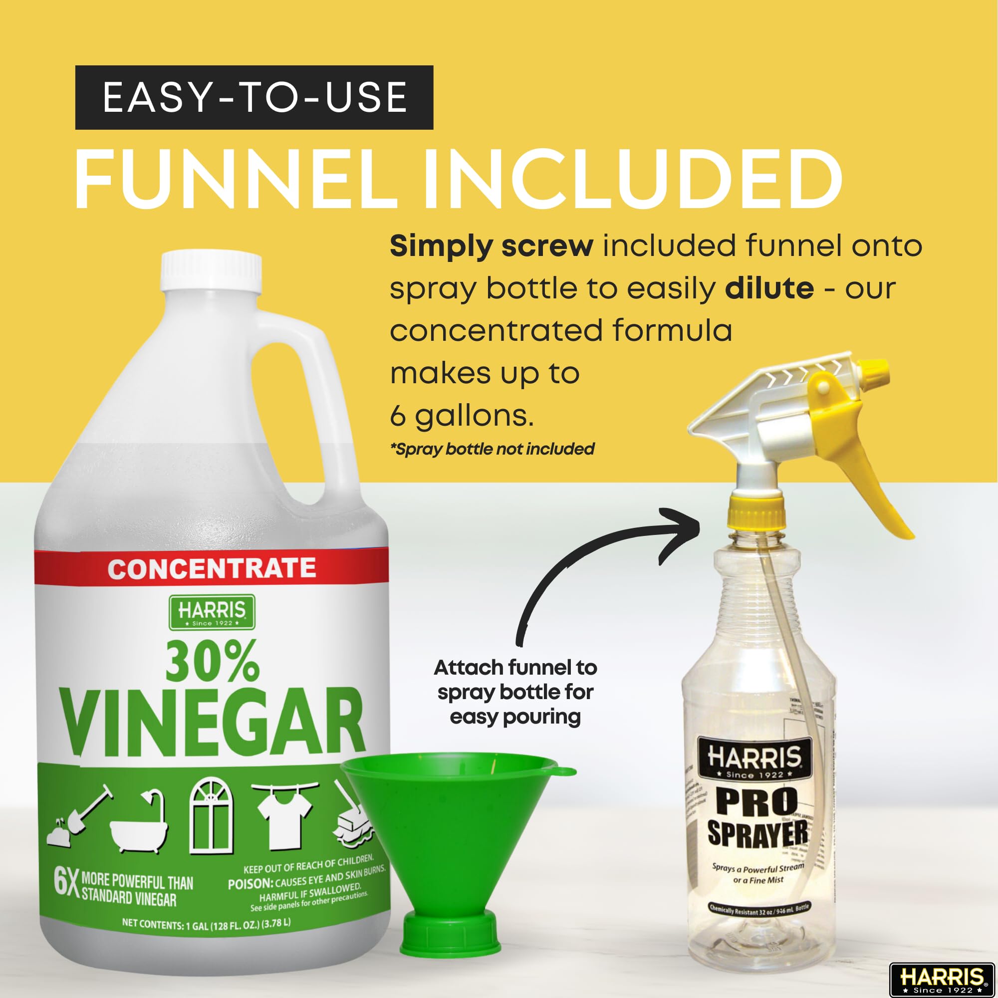 Harris 30% Vinegar Extra Strength - Industrial & Household Cleaning Solution with Included Funnel (1 Gallon, 4-Pack) - Perfect for Weed Control, Descaling, Stain Removal & Disinfecting Surfaces