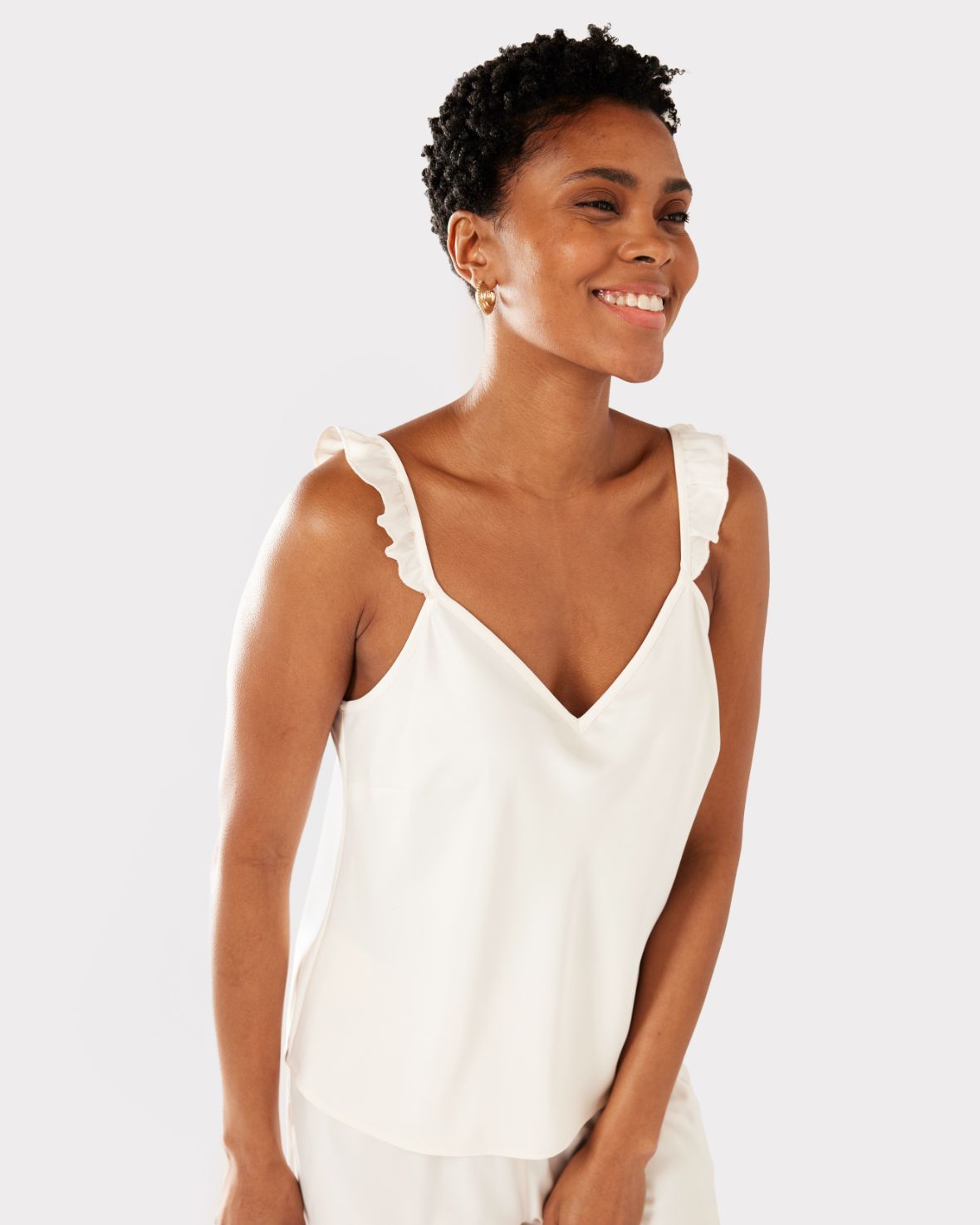 Satin Frill Trim Cami Short Pajama Set for Women - Soft Ivory Sleepwear for Nightwear & Lounge Wear - Perfect for Bedtime, Relaxing at Home & Gift Giving