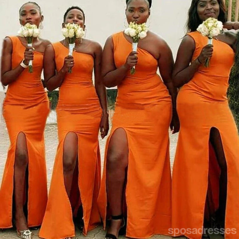 Elegant Orange Mermaid One Shoulder Side Slit Long Bridesmaid Dress (WG1214) - Perfect for Weddings, Prom, Evening Parties & Formal Events