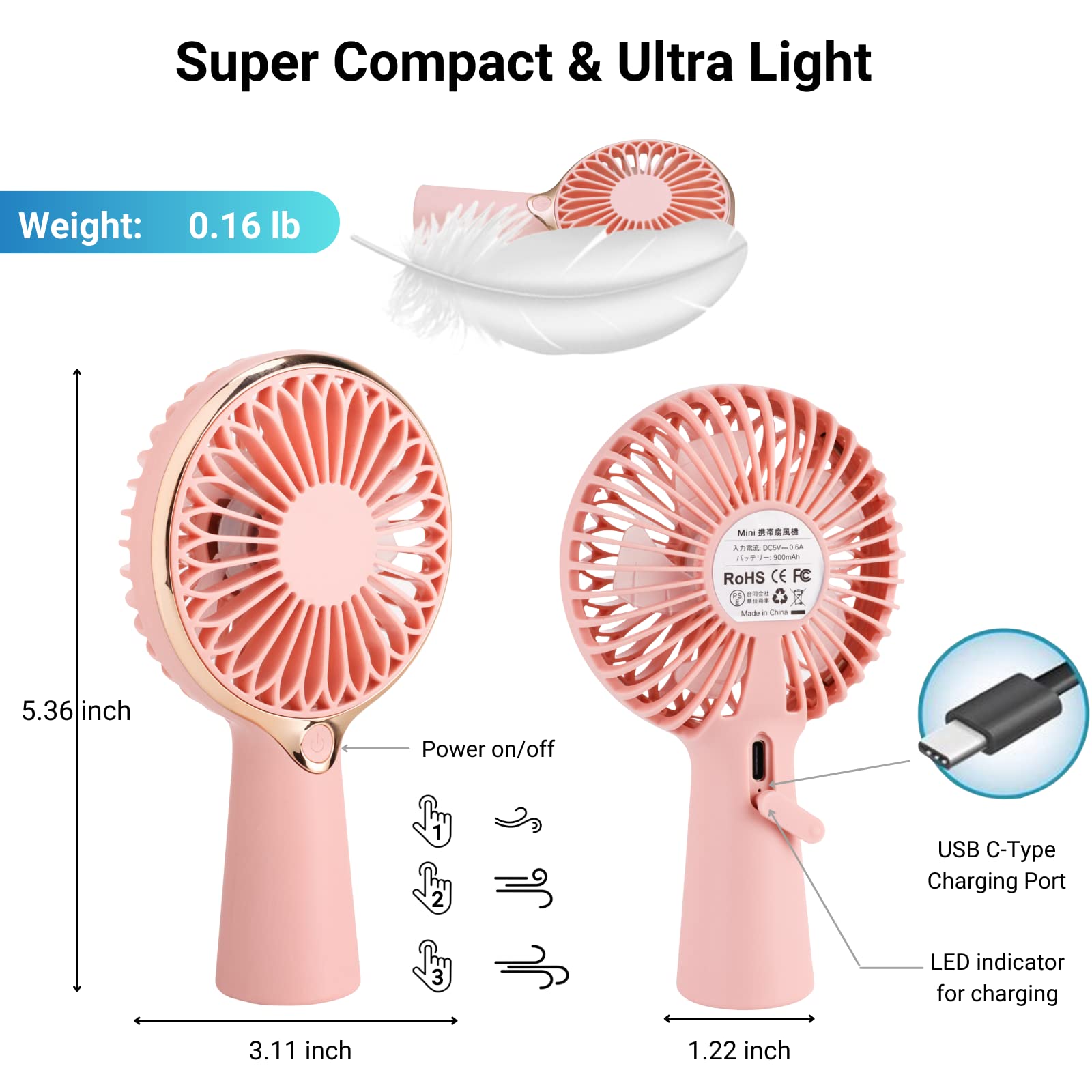 Portable USB Rechargeable Mini Handheld Fan - 3-6 Hours Battery Life, Personal Cooling Fan for Desk, Travel, Office & Outdoor Use | Perfect for Summer, Commuting, Camping and Home Comfort