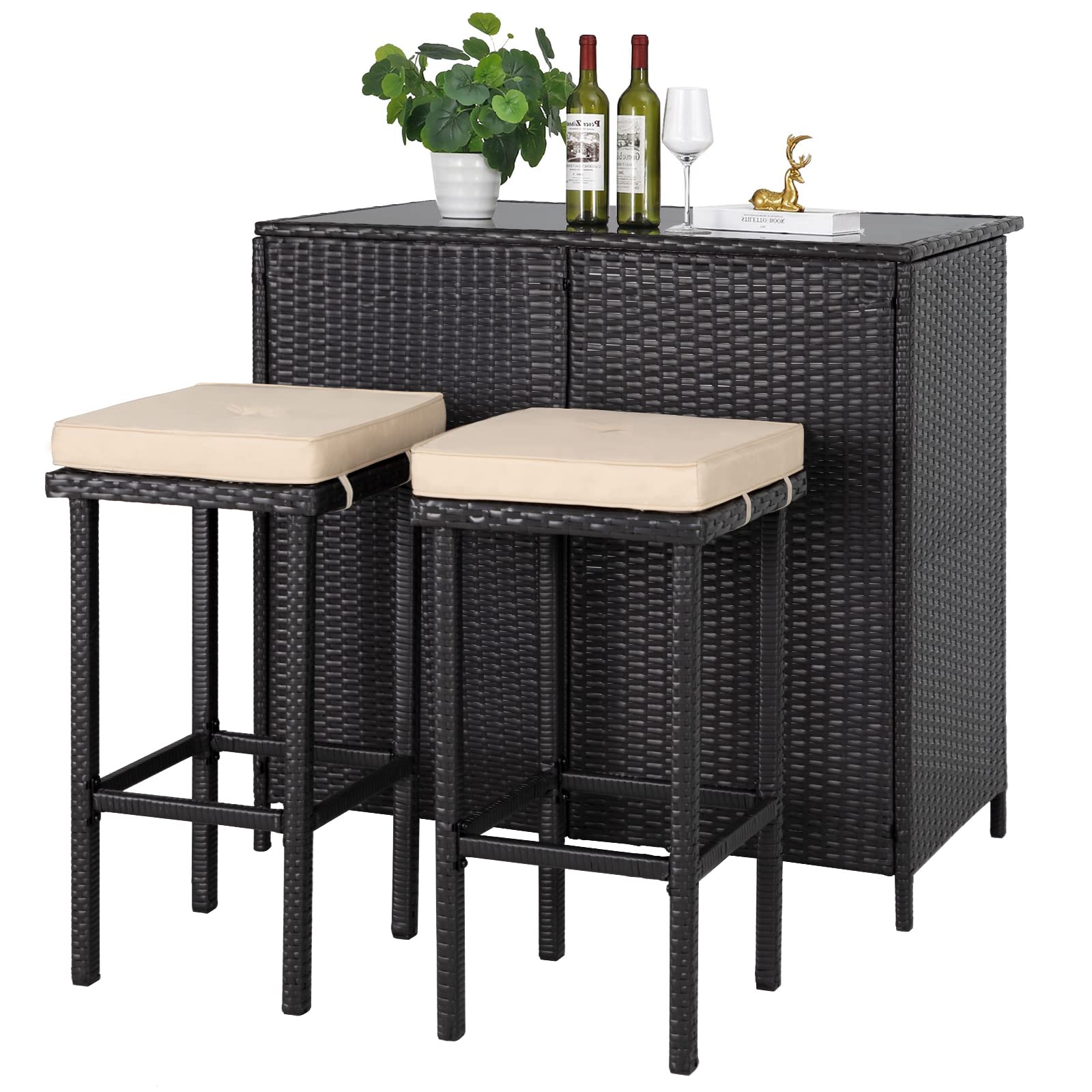 3-Piece Outdoor Bar Set with 2 Stools & Glass Top Table - Brown Wicker Patio Furniture with Removable Cushions for Backyard, Garden, Poolside or Porch - Perfect for Outdoor Entertaining & Relaxing