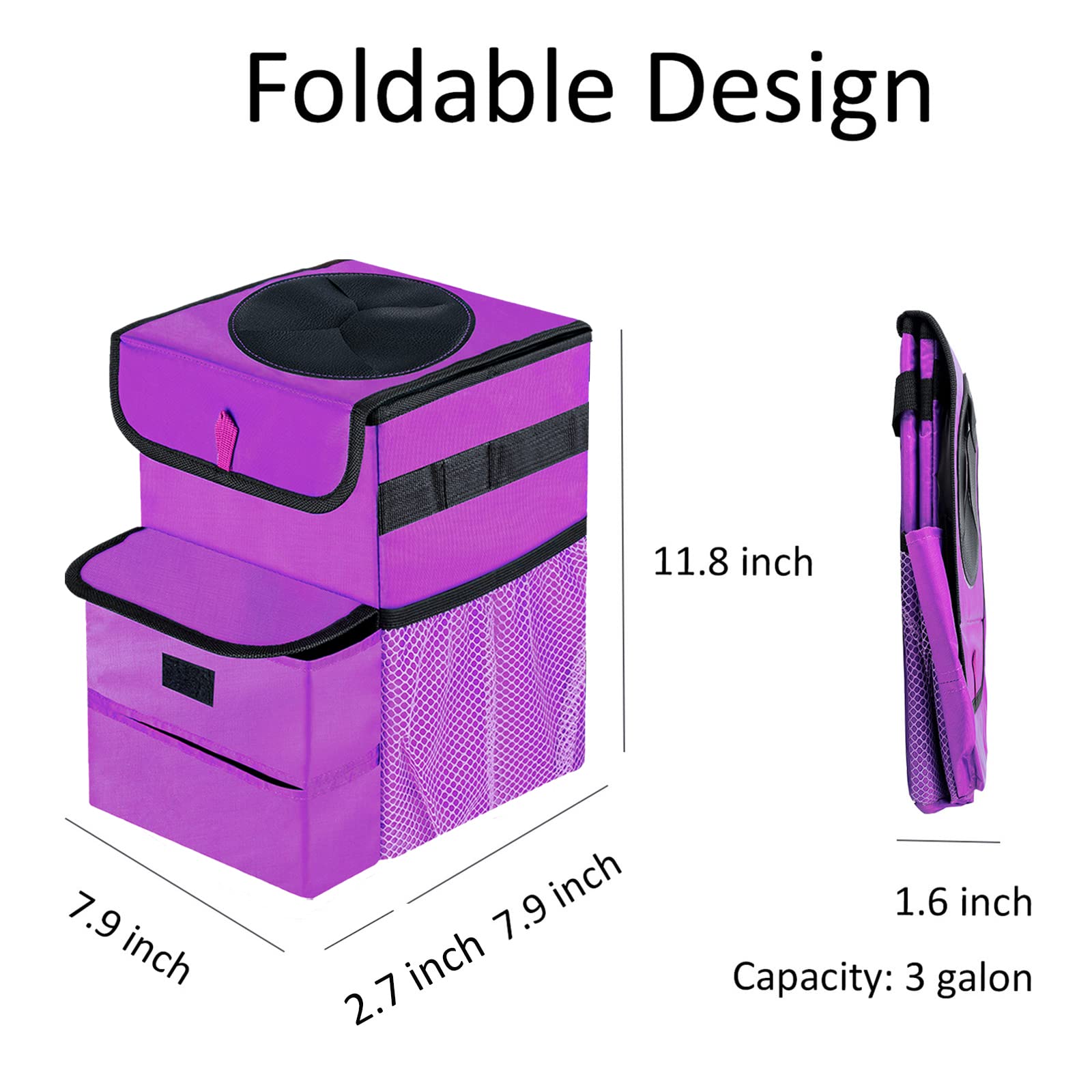 2 Pack Foldable Car Trash Bag - 3 Gallon Leakproof Auto Garbage Bin for Vehicles (Black & Purple) | Ideal for Road Trips, Commuting & Keeping Your Car Clean