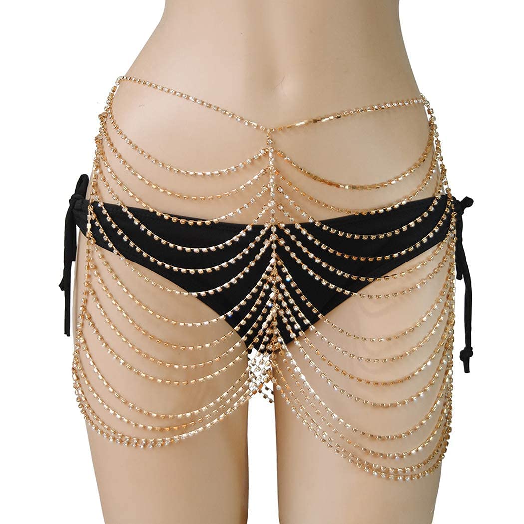 Sparkling Rhinestone Body Chain - Gold Layered Waist & Belly Jewelry for Women | Perfect for Beach Parties, Music Festivals & Bachelorette Events
