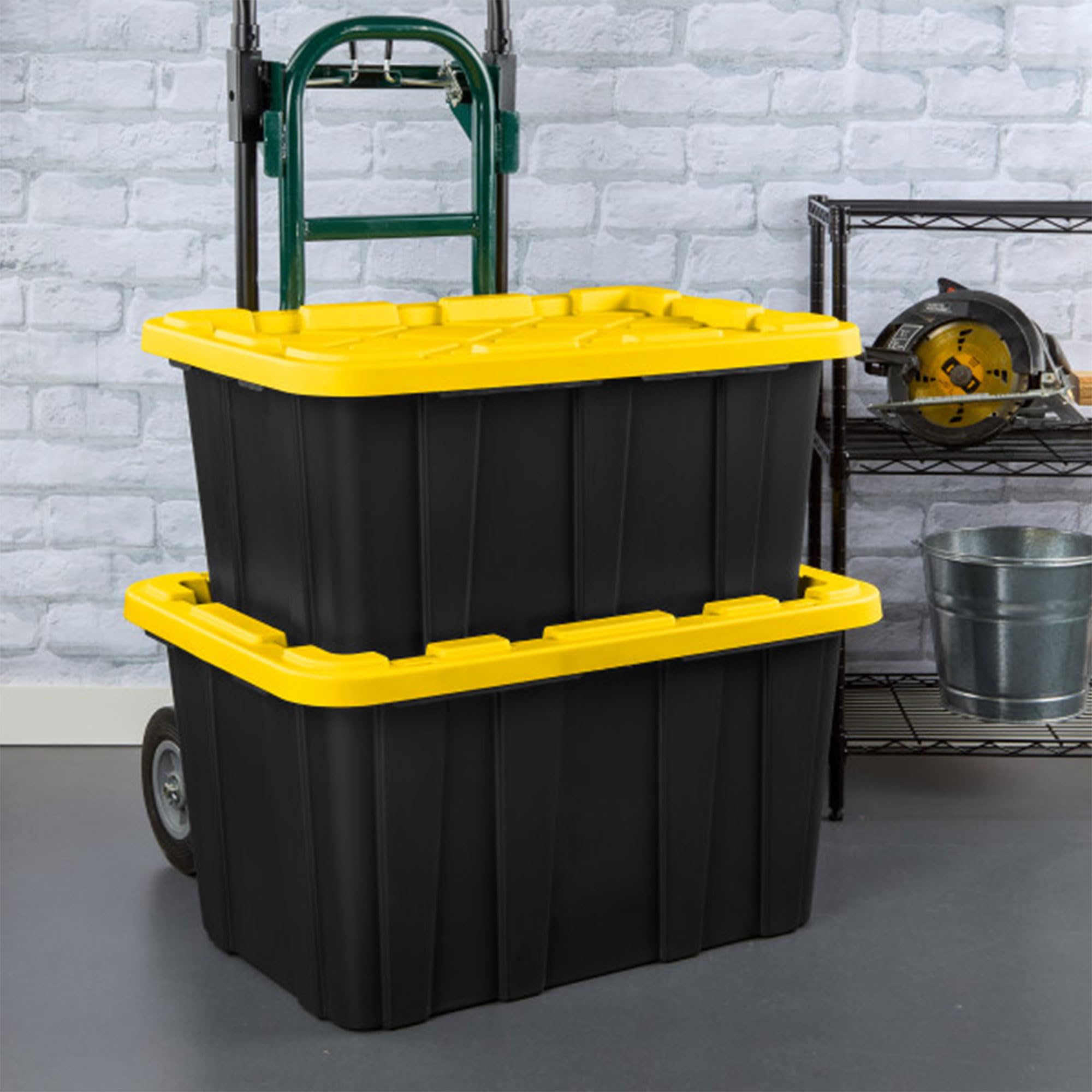 Sterilite 12-Pack 27 Gallon Heavy Duty Stackable Storage Bins with Lids - Black & Yellow for Home Organization, Garage Storage, and Office Supplies