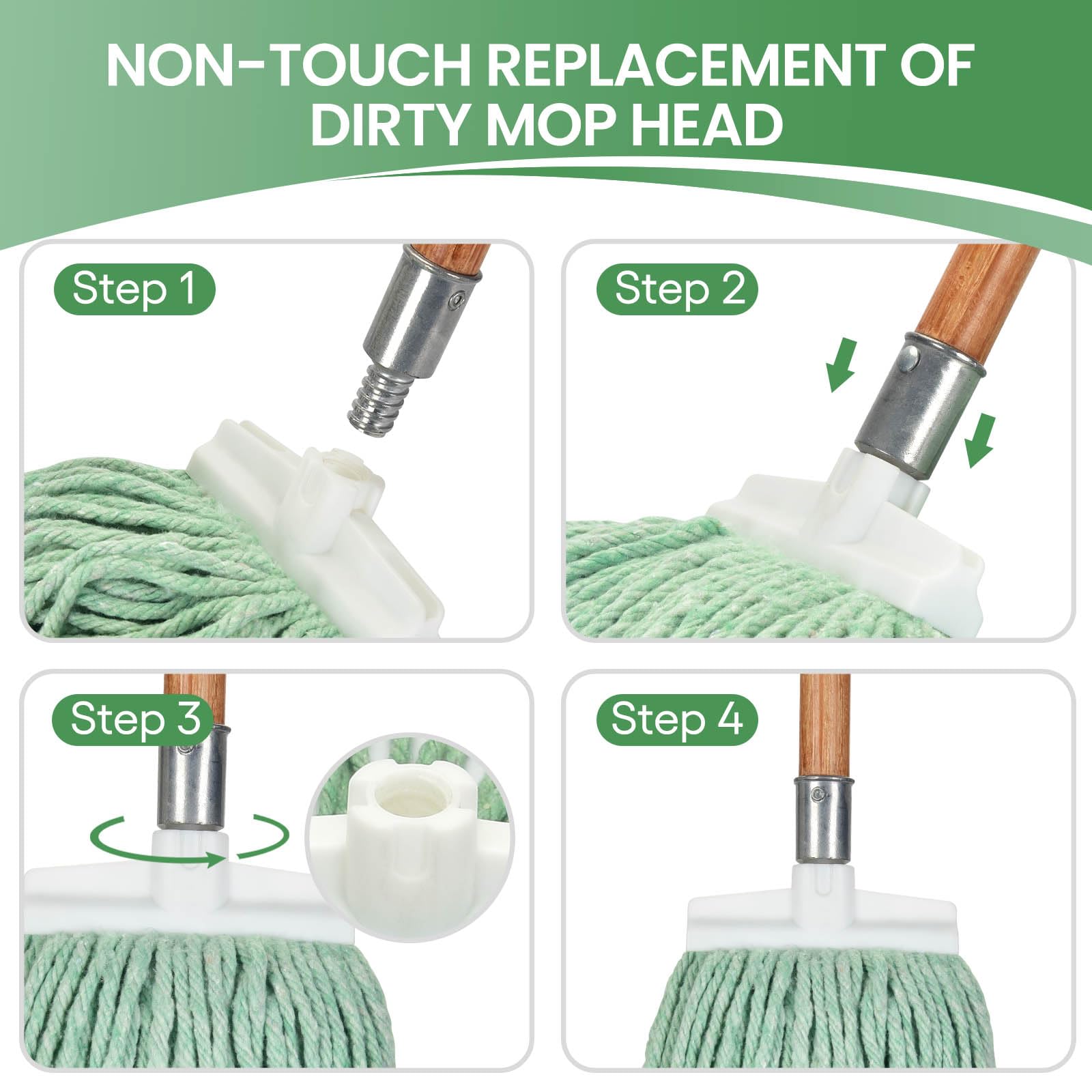 Matthew Heavy Duty Cotton Wet Mop Replacement Heads (Green, Large, 3-Pack) with 2 Microfiber Cloths for Residential & Commercial Floor Cleaning - Fits Standard American Screw - Ideal for Hardwood, Tile & Laminate Floors