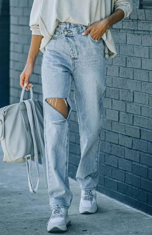 Trendy Women's Ripped Jeans with Irregular Waist - High Waist Distressed Denim Pants for Casual Outfits & Streetwear Fashion