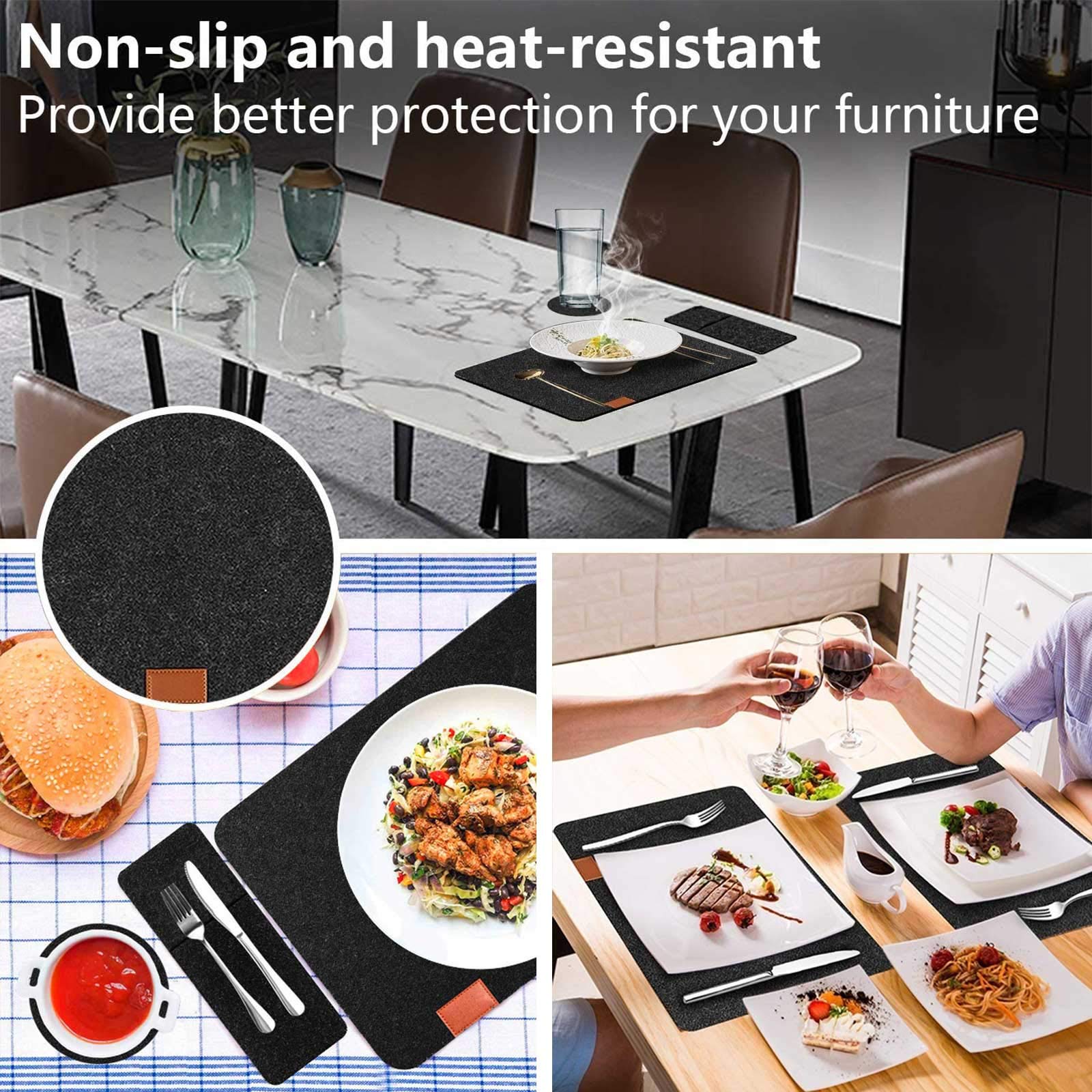 6-Pack Heat-Resistant Washable Felt Placemats for Kitchen Table with Drink Coasters & Cutlery Pouch - 18-Piece Dining Table Set - Perfect for Family Meals, Dinner Parties & Holiday Gatherings