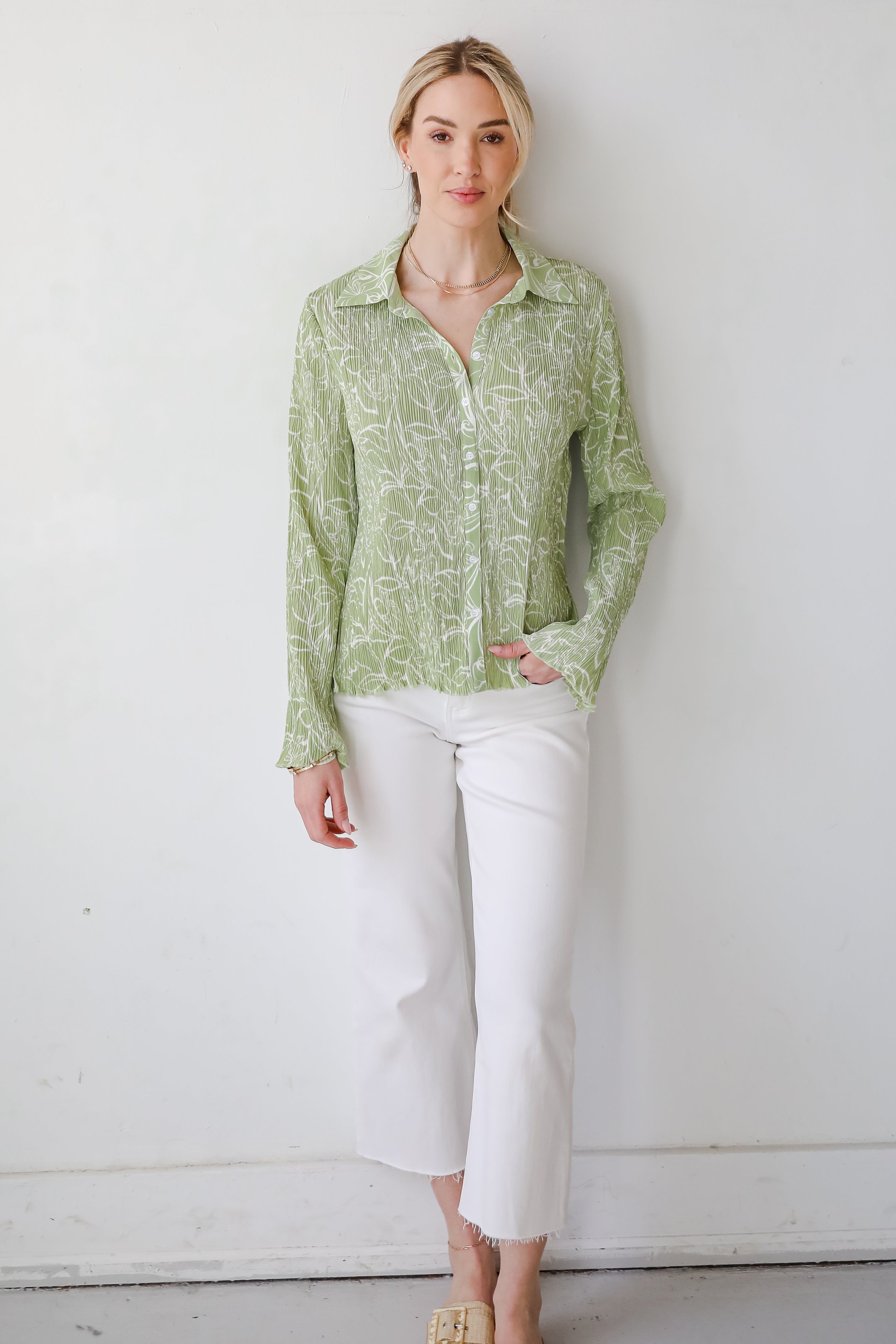 Chic Sage Floral Plisse Button Up Blouse for Women - Elegant Ruffled Tops for Spring & Summer | Perfect for Office, Date Night & Casual Outings