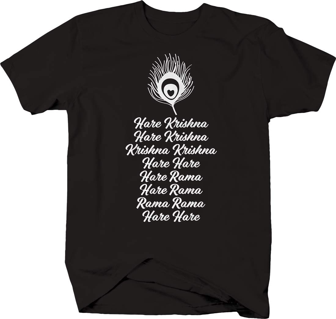 Men's Hare Krishna Rama Prayer Peacock Feather Hinduism Graphic T-Shirt - Spiritual Yoga Meditation & Festival Wear