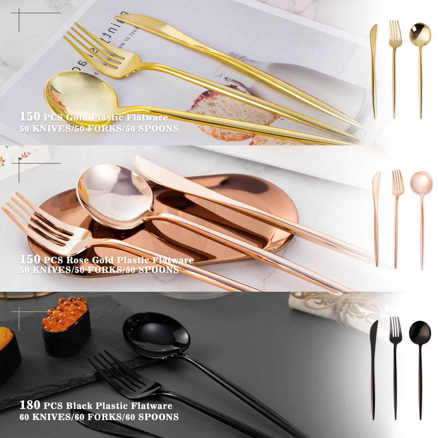 180-Piece Heavy Duty Black Plastic Silverware Set - 60 Forks, 60 Spoons & 60 Knives - Durable Disposable Cutlery for Parties, Weddings, BBQs & Catering Events - Perfect for Birthday Celebrations, Picnics & Office Gatherings
