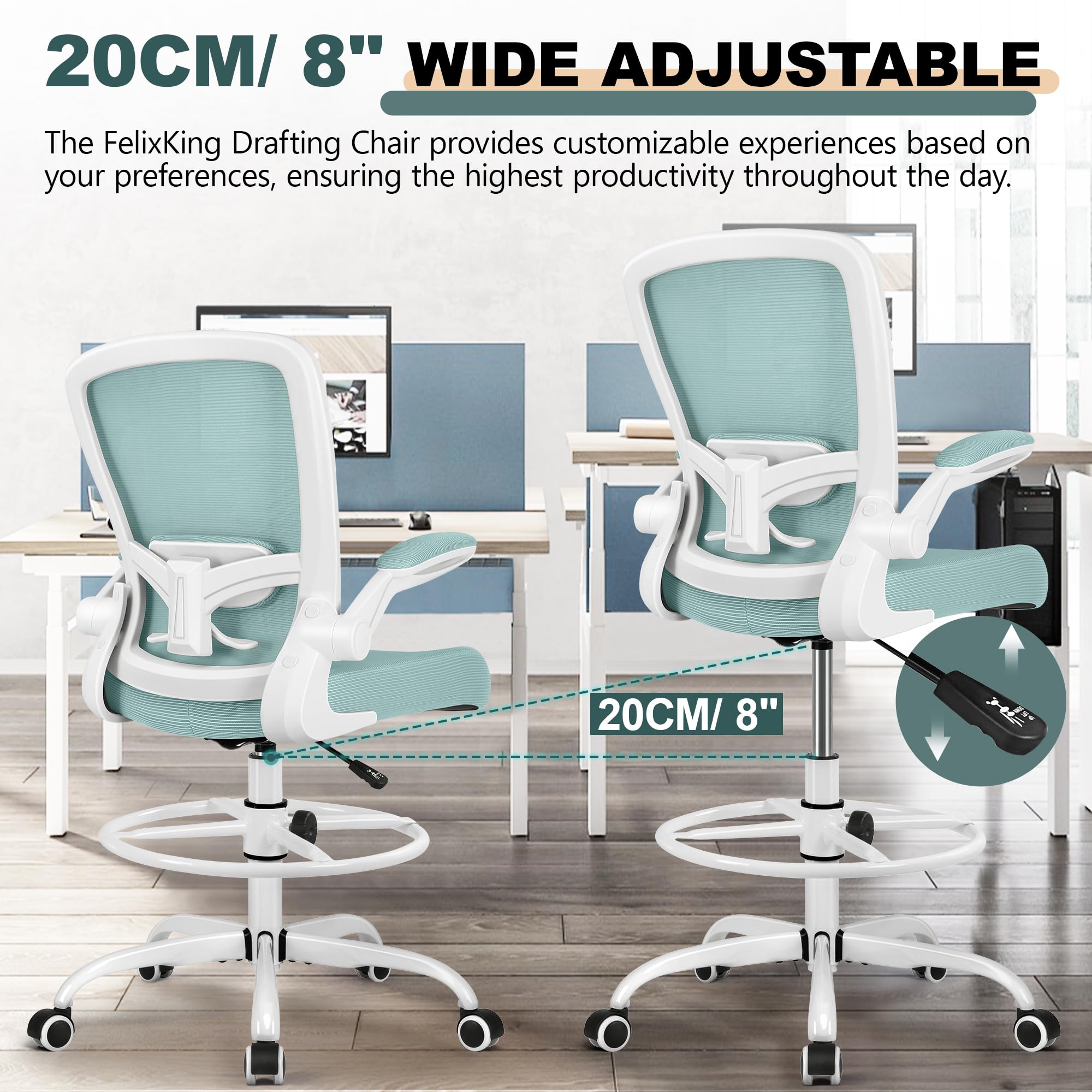 FelixKing Ergonomic Drafting Chair - Adjustable Height Mesh Office Chair with Lumbar Support, Flip-Up Armrests & Footrest - Comfortable High Back Computer Chair for Home Office, Architects & Designers (Perfect for Long Work Sessions & Creative Workspaces)
