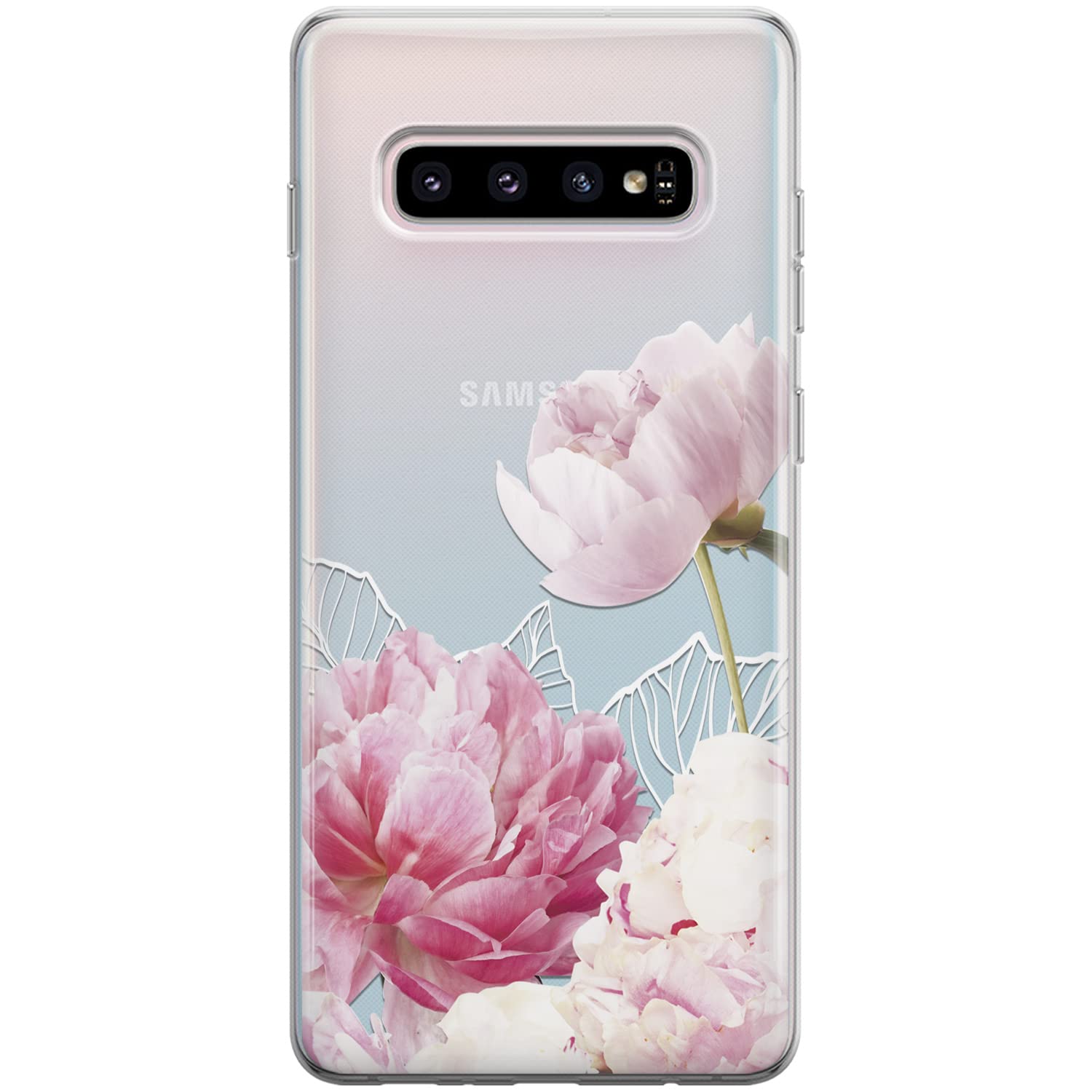 Shockproof Clear Floral Phone Case for Samsung Galaxy S24/S23 Ultra/S22+/S21 FE 5G/S20/Note 20/10 - Pink Peonies Blossom Design, Girly Transparent Bumper Cover | Perfect for Everyday Use, Work, and Special Occasions