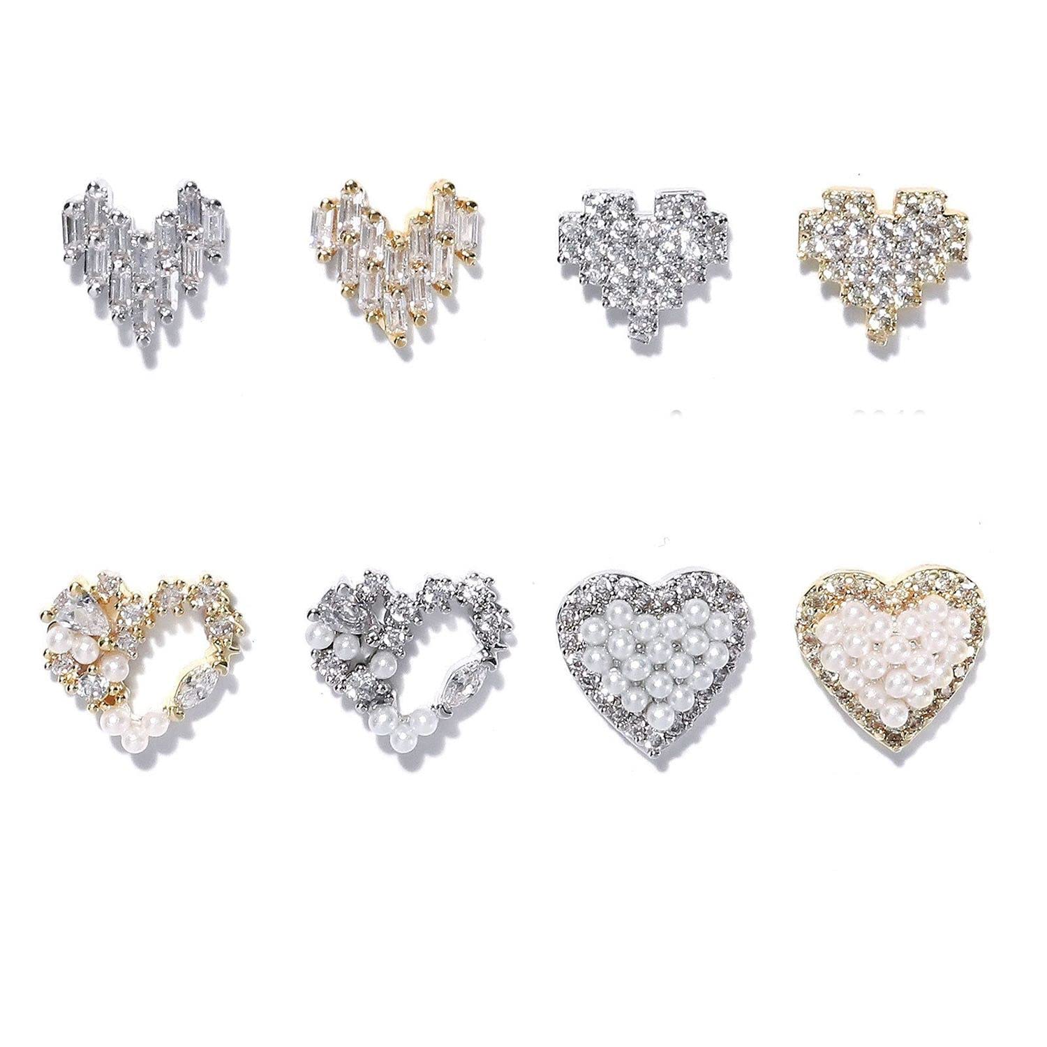 8 PCS Sweet Nail Art Charms - 3D Heart Alloy Rhinestones with Pearl Jewelry Pendants for Nail Decoration | Perfect for DIY Manicures, Bridal Nails, and Special Occasion Nail Art