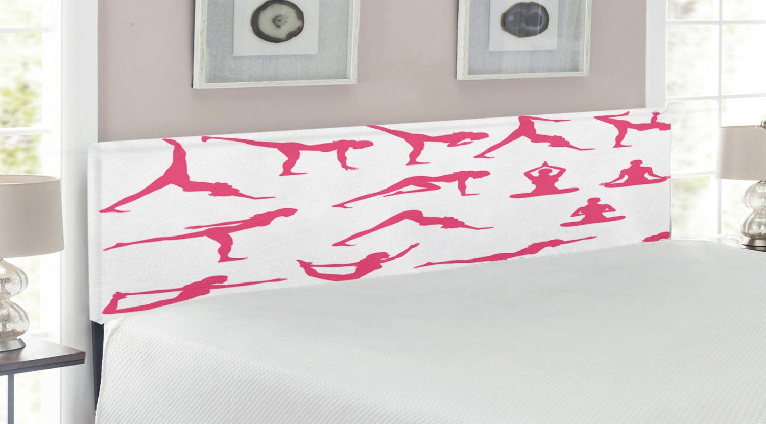 Ambesonne King Size Yoga Headboard - Pink & White Upholstered Metal Bed Frame with Memory Foam | Women Silhouettes in Yoga Poses | Perfect for Home Gym, Bedroom Decor & Meditation Space