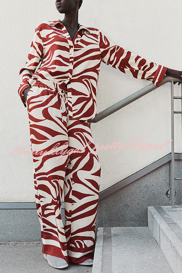 Stylish Printed Lapel Long Sleeve Blouse with Elastic Waist Casual Pants Set - Women's Loose Fit Wide Leg Trousers & Pocket Details for Office, Travel and Everyday Wear