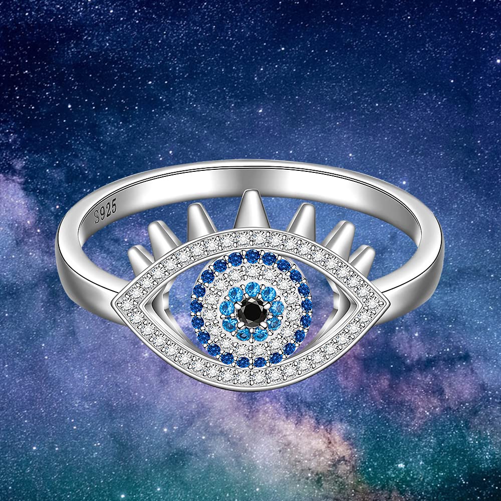 Evil Eye Protection Ring for Women - Sterling Silver Blue Sapphire Turkish Nazar Jewelry - Spiritual Third Eye Greek Religious Faith Lucky Gift - Size 7-8 - Perfect for Meditation, Yoga & Positive Energy