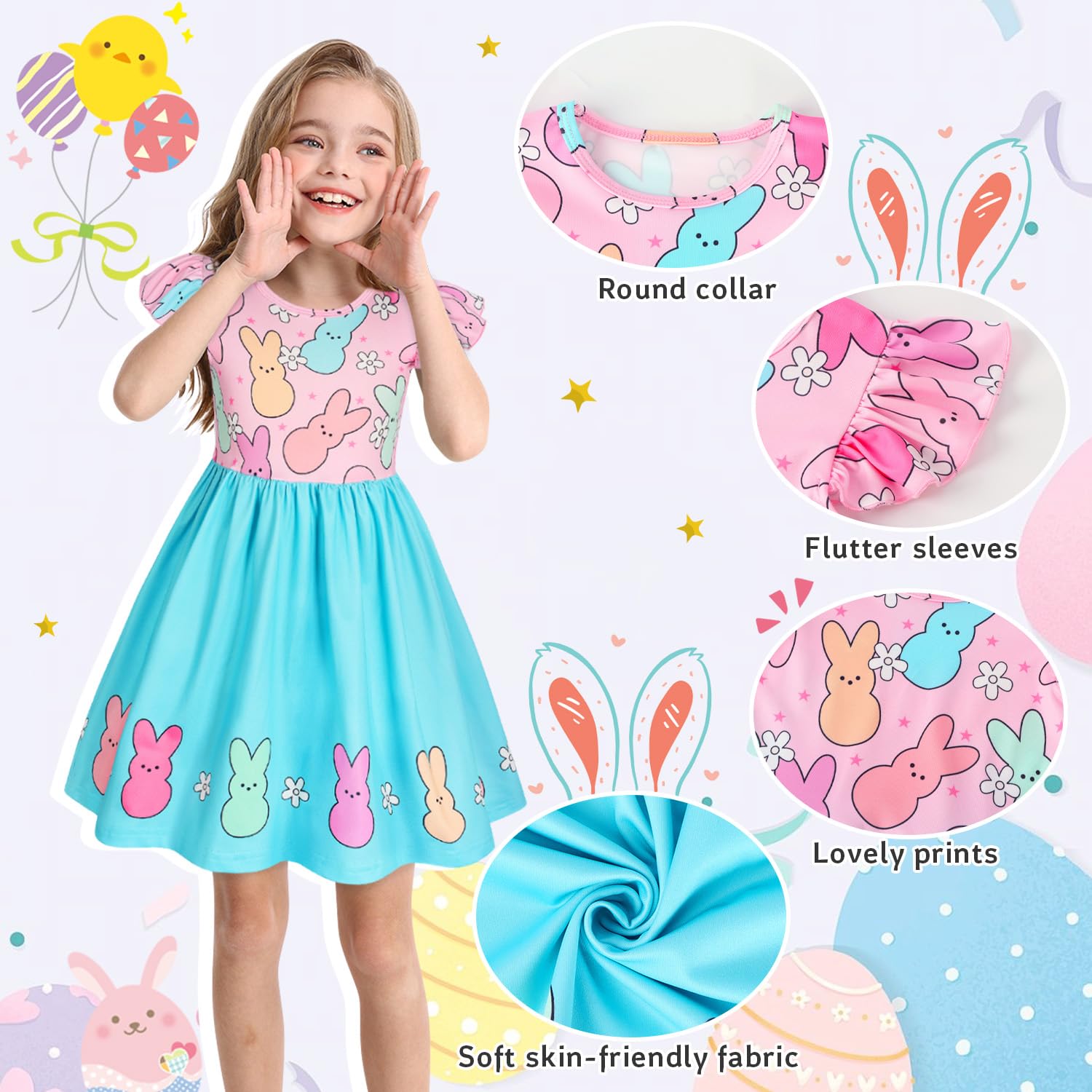 WonderBabe Girls' Easter Dresses - Toddler Flutter Sleeve Party Dresses for Spring, School & Special Occasions | Cute Casual Outfits for Kids | Perfect for Easter Celebrations, Birthday Parties & Family Gatherings