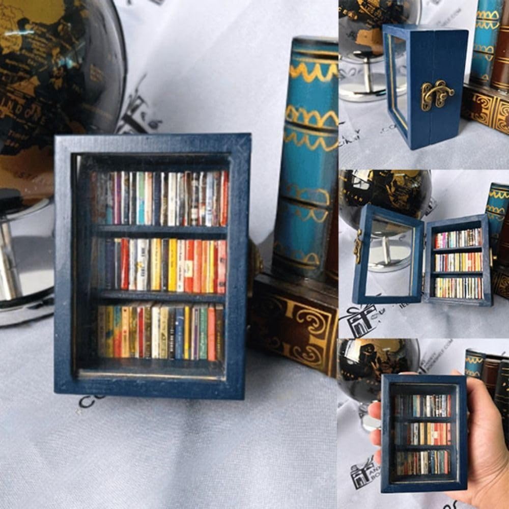 4 Inch Mini Pocket Anxiety Bookshelf - Stress Reliever with 60 Miniature Book Matchboxes - Display Case Cabinet Decor for Book Lovers - Small Blue Shelf - Perfect for Office Desk, Bookshelf Decoration & Unique Gift Idea
