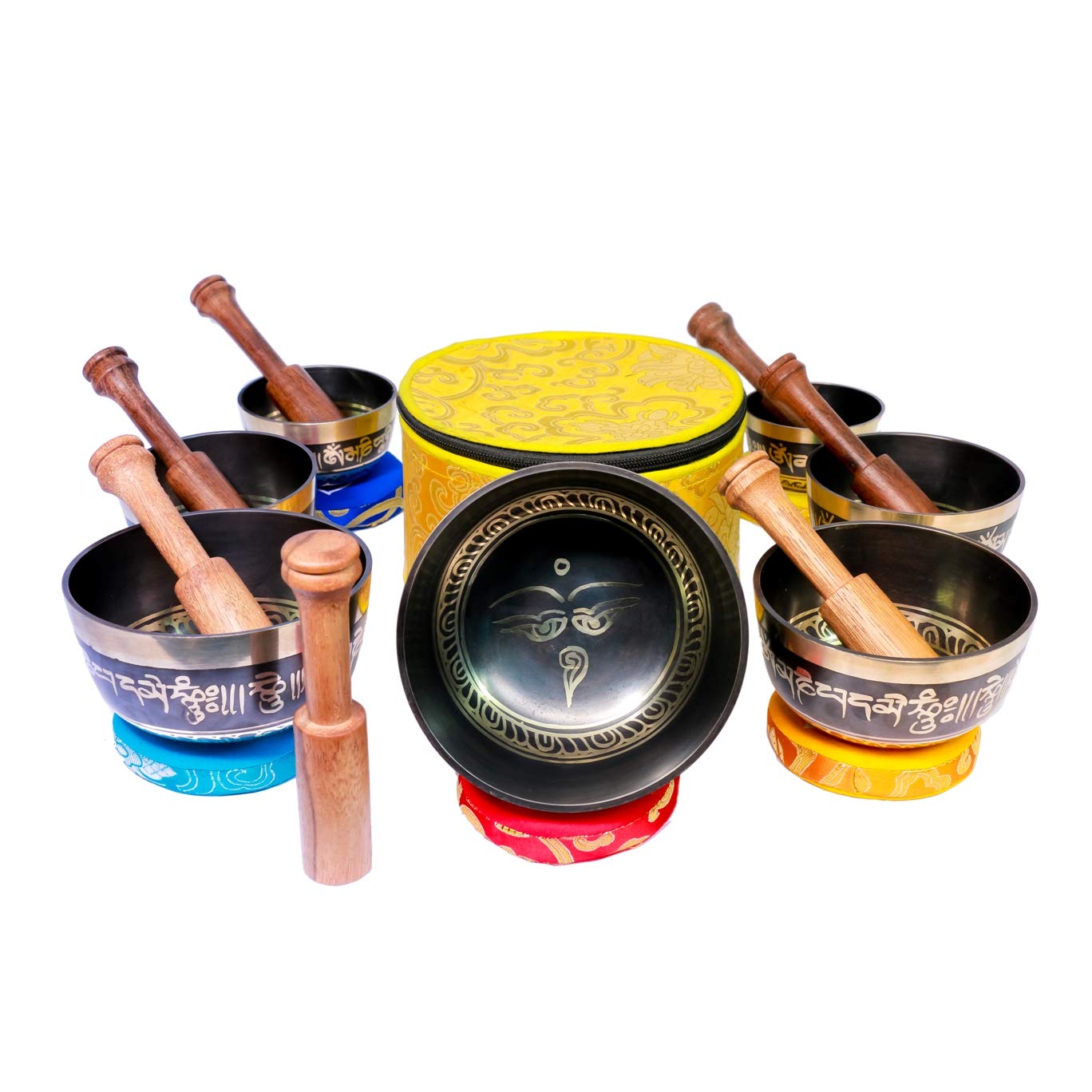 Authentic Tibetan Singing Bowl Set - 7 Chakra Healing Meditation Bowls from Nepal (Hand-Painted Black) for Yoga, Sound Therapy & Spiritual Healing