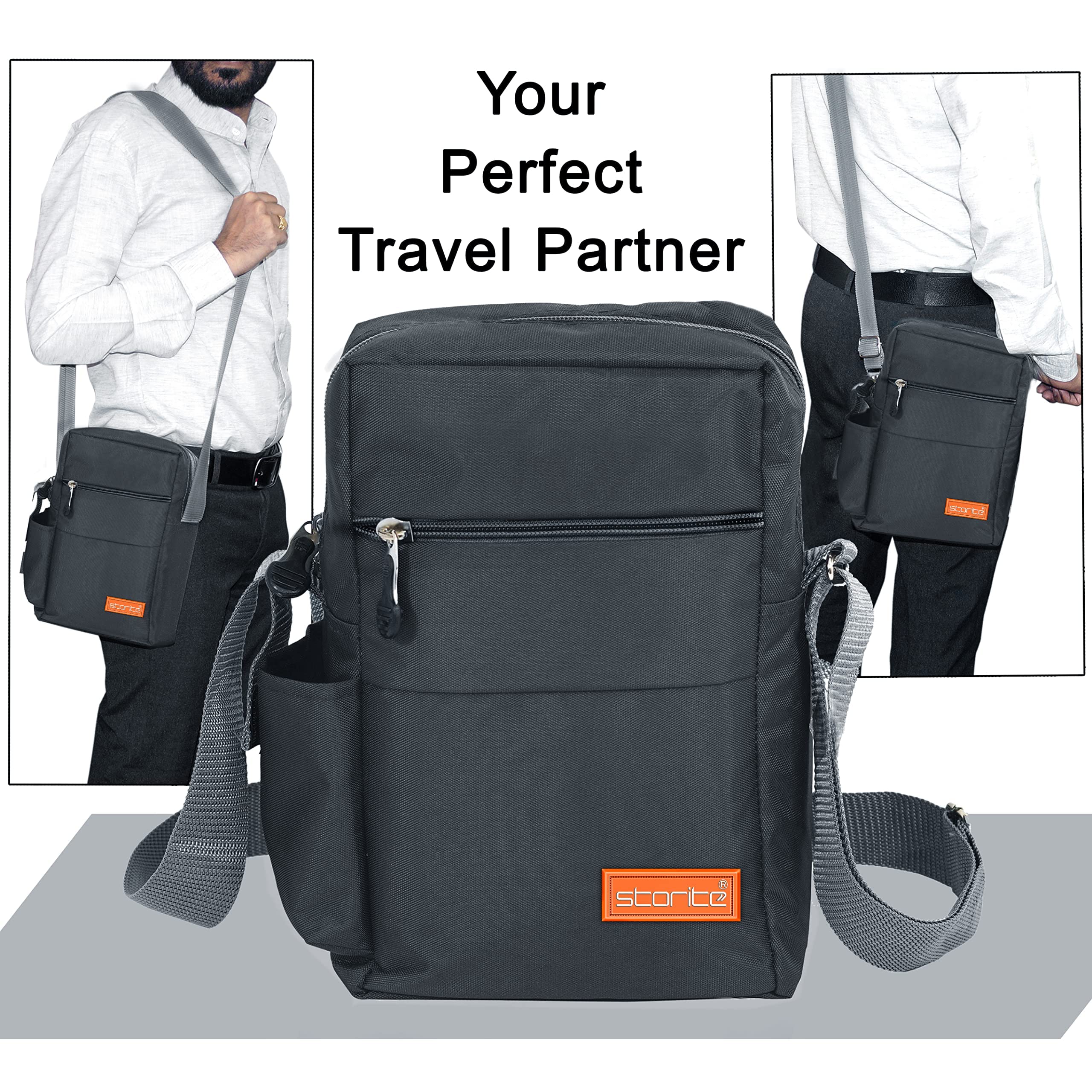 Storite 10 Inch Stylish Padded Mini Sling Bag for Men & Women - Compact Travel Bag with Water Bottle Pocket (25x16x7.5cm, Dark Grey) - Perfect for Passport Storage, Daily Commute & Outdoor Adventures