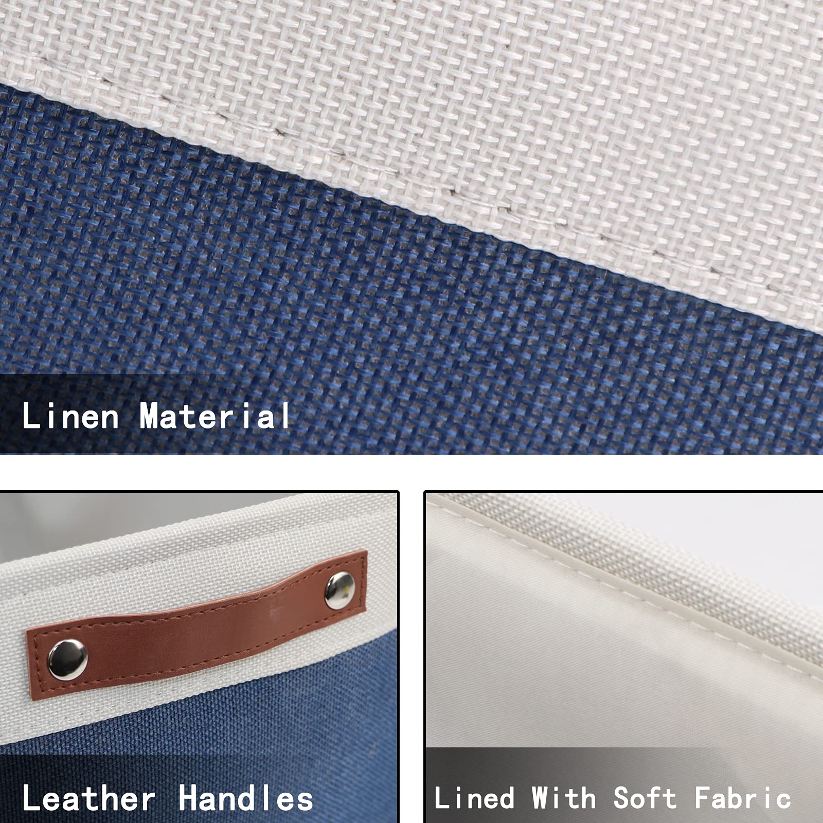 HNZIGE 3-Pack Large Fabric Storage Baskets with Leather Handles - 15