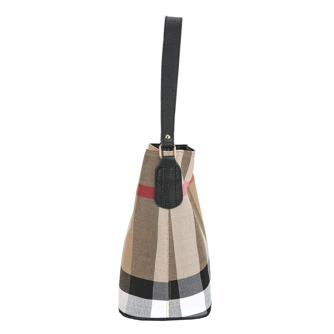 Stylish Plaid Canvas Tote Bag for Women - Fashion Designer Shoulder Handbag & Bucket Purse in Black | Perfect for Work, Travel, and Everyday Use