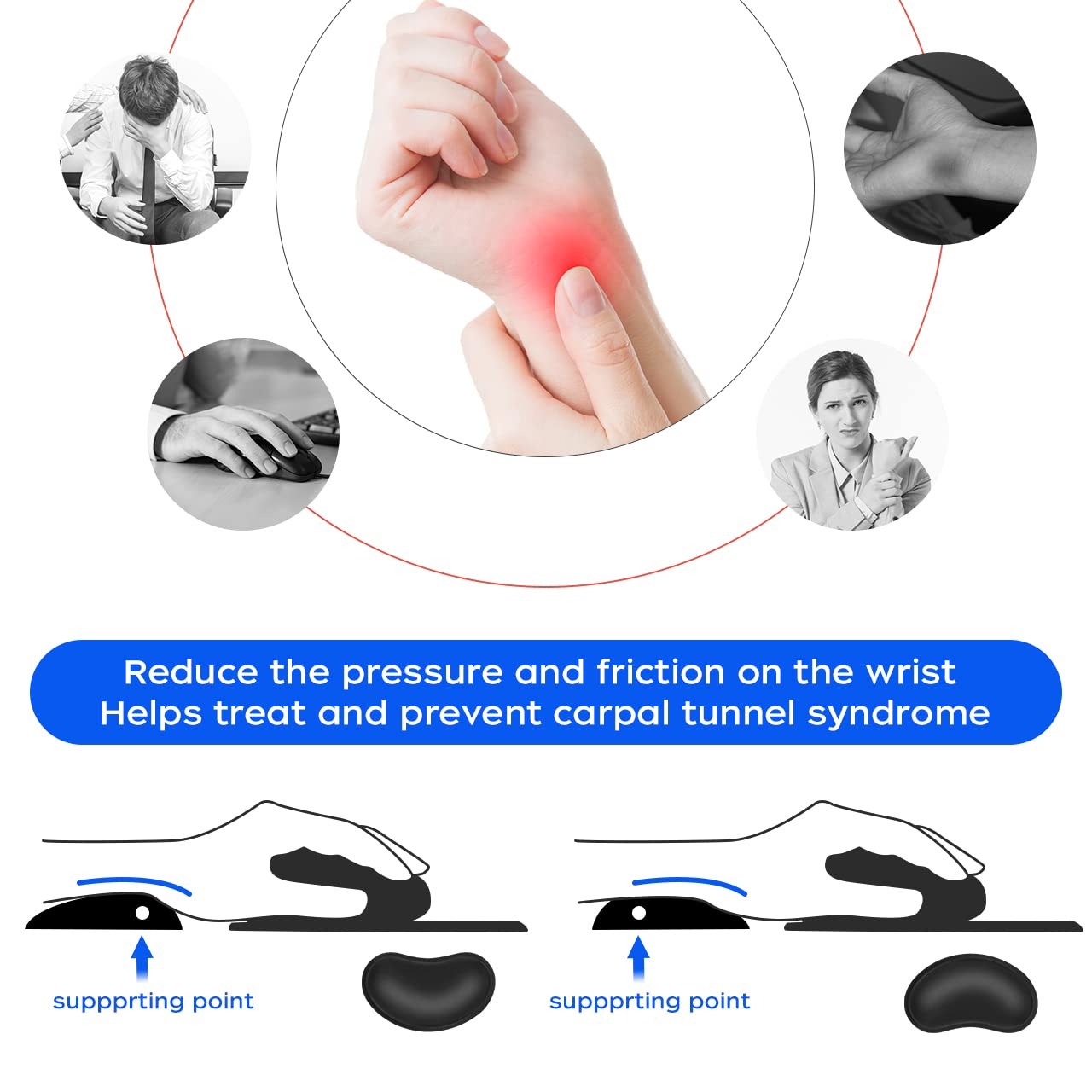 JIKIOU 2 Pack Memory Foam Mouse Wrist Rest Pad - Ergonomic Hand Support Cushion with Anti-Skid Rubber Base for Pain Relief - Perfect for Gaming, Office, Computer & Laptop Use (Black) - Ideal for Long Hours of Typing and PC Gaming Comfort