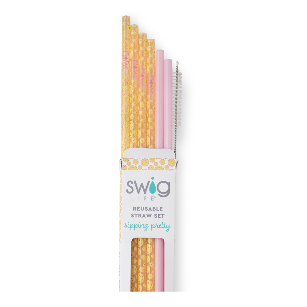 Oh Happy Day Pink Reusable Straw Set - 4 Pack Eco-Friendly Stainless Steel Drinking Straws with Cleaning Brush for Smoothies, Iced Coffee & Cocktails at Home, Office or Travel