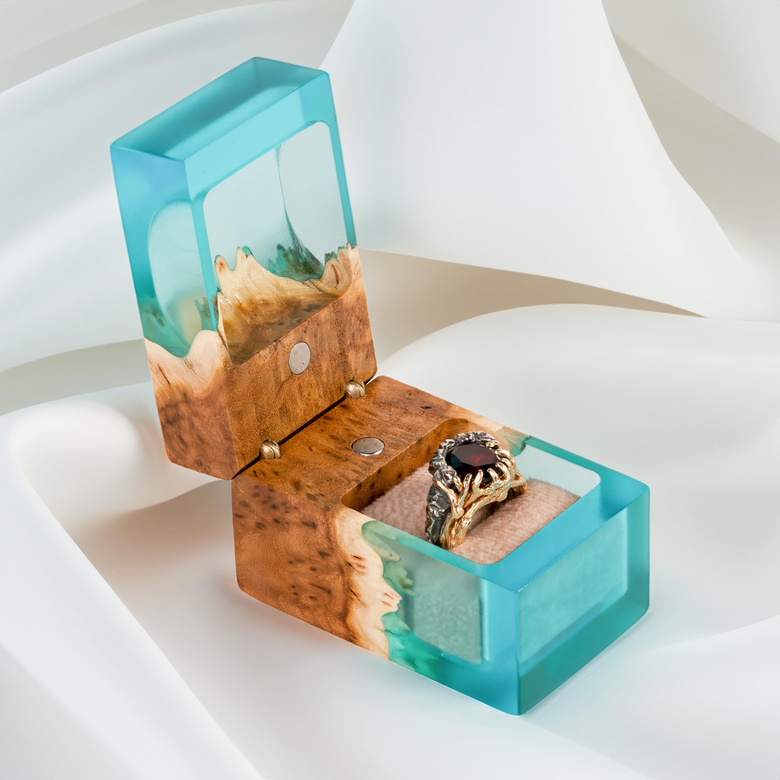 Handcrafted Wooden Engagement Ring Box - Unique Proposal Ring Holder for Wedding & Special Occasions - Elegant Aqua Blue Ring Display Gift for Women & Men - Perfect for Proposals, Anniversaries, and Romantic Surprises