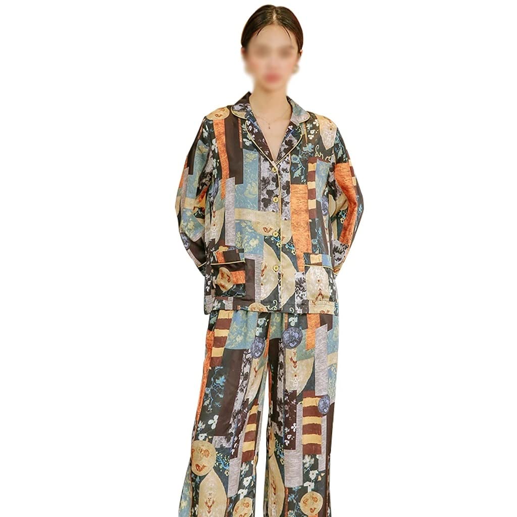 Viinice Women's Printed Silk Satin Pajama Set - Long Sleeve 2-Piece Loungewear Top & Pants for Spring, Lace Nightdress, Yukata Style - Perfect for Couples, Gift Giving & Relaxing at Home (Color: As Shown, Size: L)