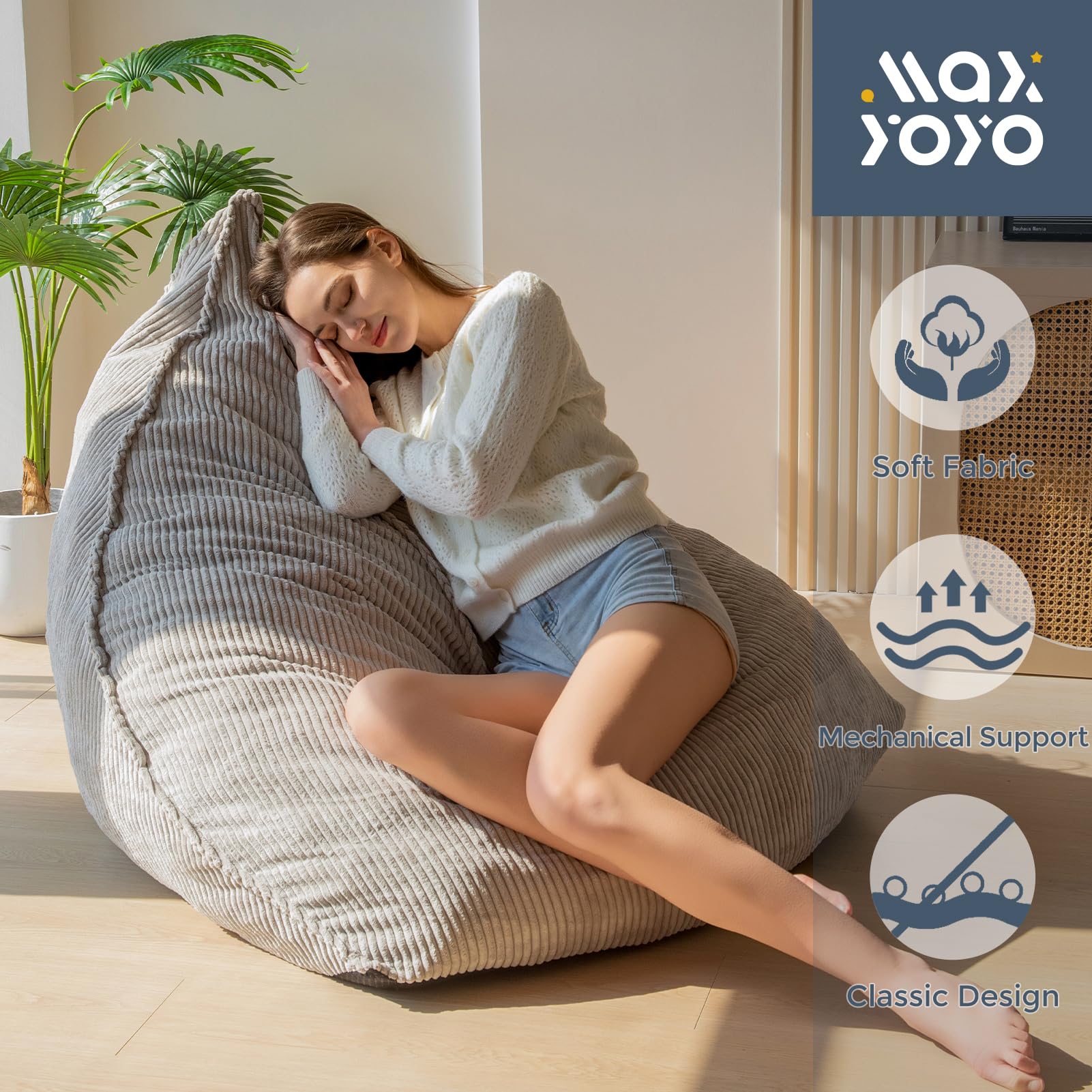 MAXYOYO Corduroy Bean Bag Chair for Adults - Soft Lazy Sofa 43x41x35 Inches with Filler - Grey Comfortable Lounge Chair for Living Room, Bedroom & Game Room