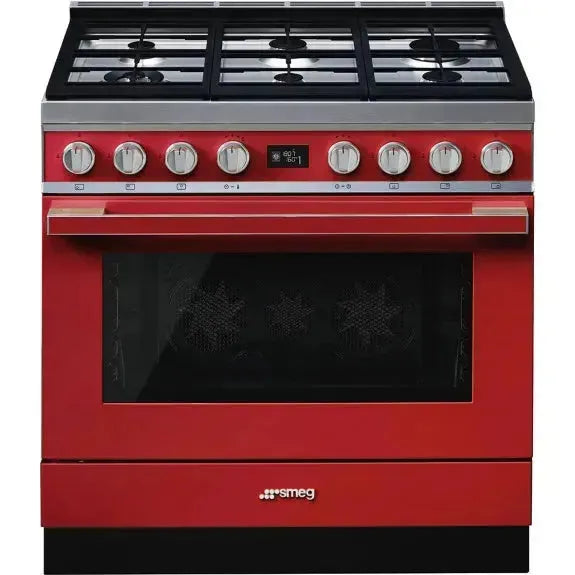 Smeg 90cm Portofino Pyrolytic Dual Fuel Range Cooker in Red - Professional Gas & Electric Oven for Modern Kitchens