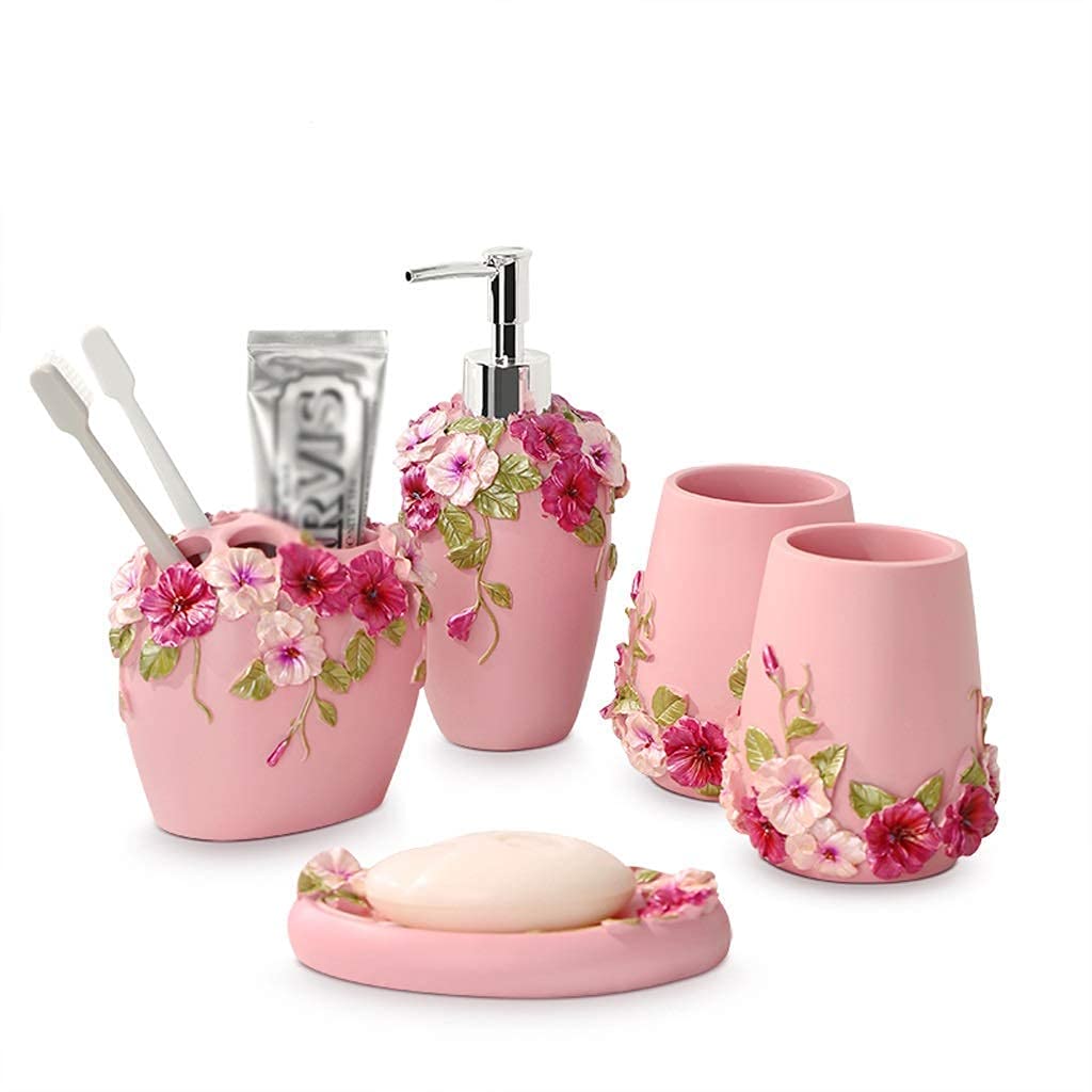 AWJ Garden Style Resin Bathroom Accessories Set - 5 Piece Soap Dispenser, Toothbrush Holder & More for Modern Bathroom Decor | Perfect for Home, Hotel & Spa Use