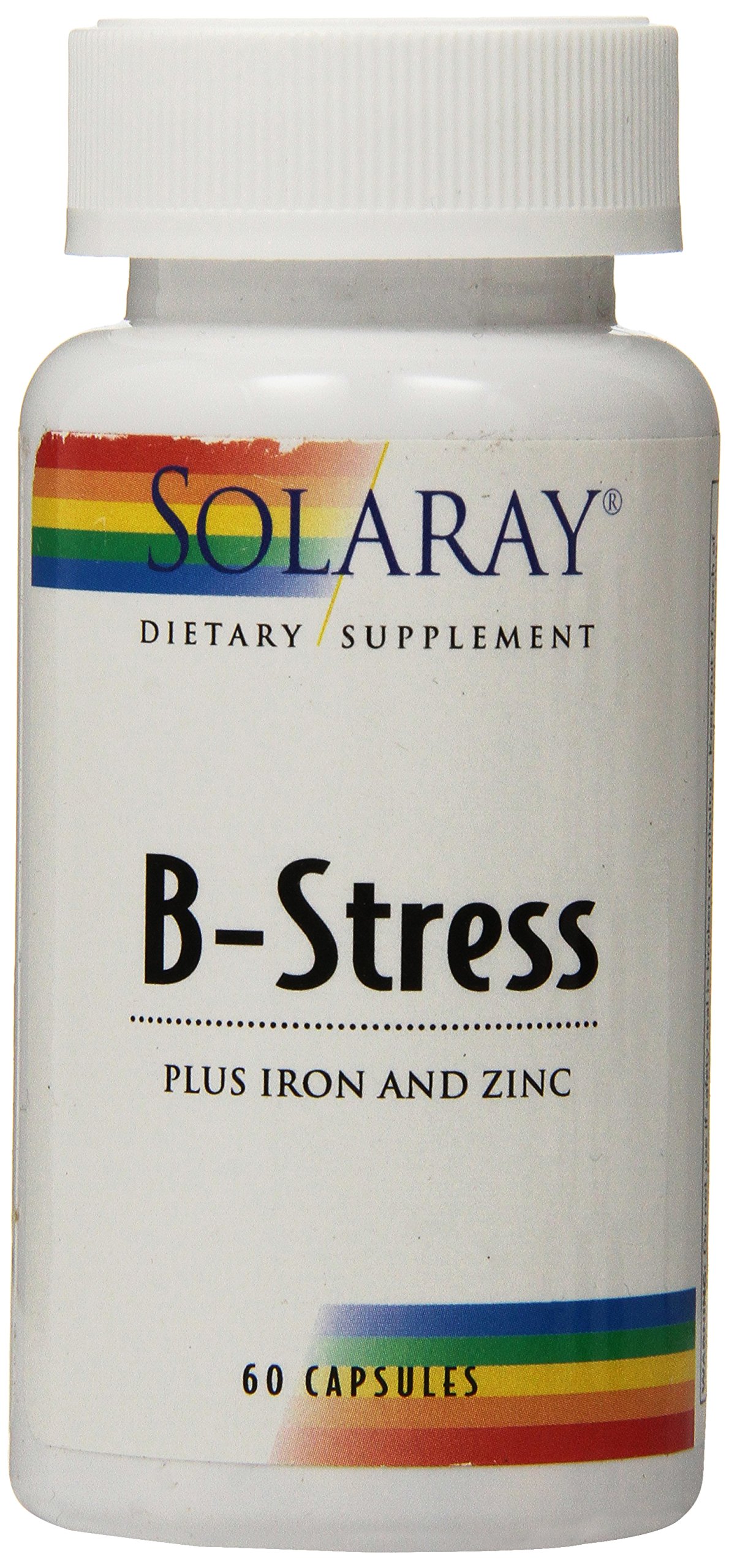 Solaray B-Stress Plus with Iron & Zinc - 60 Capsules | Stress Relief & Immune Support Supplement for Energy & Wellness | Daily Vitamin for Busy Lifestyles