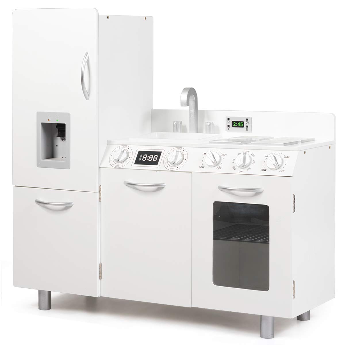 Costzon Wooden Kids Kitchen Playset with Simulated Sound, Sink, Fridge & Stovetop - Pretend Cooking Toy Set for Toddlers & Preschoolers - Perfect Gift for Girls & Boys (White) - Encourages Imaginative Play & Social Skills Development