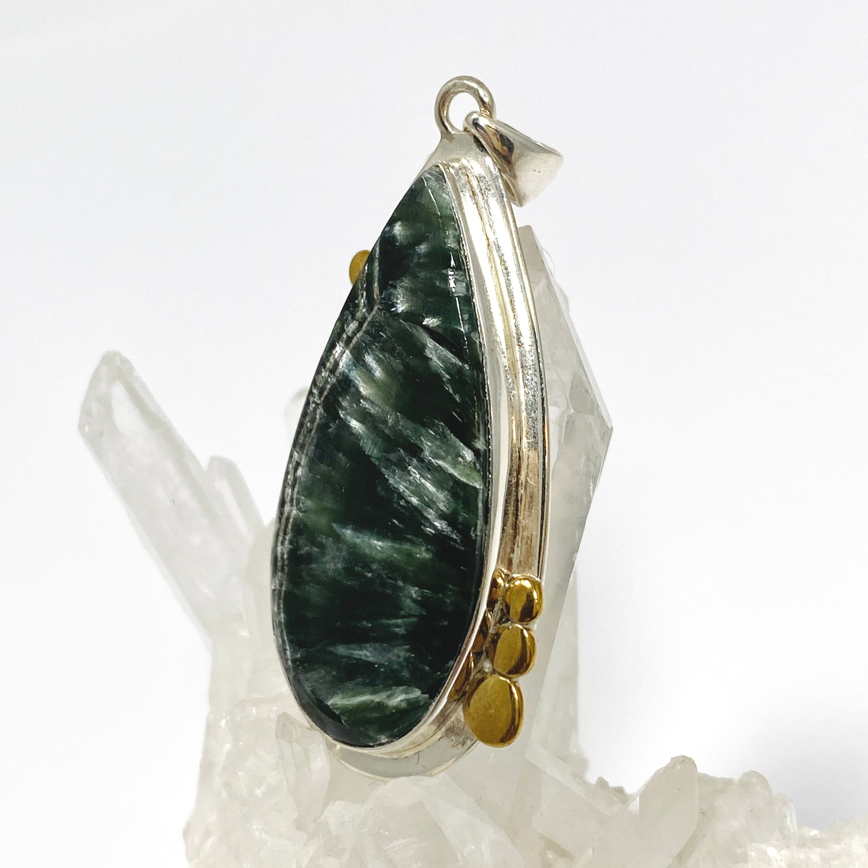 Seraphinite Teardrop Cabochon Pendant Necklace - 925 Sterling Silver Decorative Setting KPGJ4843 | Healing Crystal Jewelry for Meditation & Spiritual Gifts
