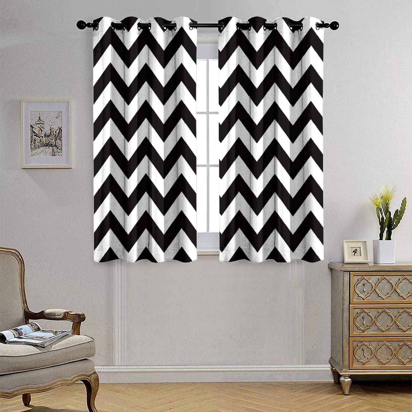 Black & White Chevron Blackout Curtains - Thermal Insulated Room Darkening Grommet Panels for Bedroom & Living Room (2 Panels, 63