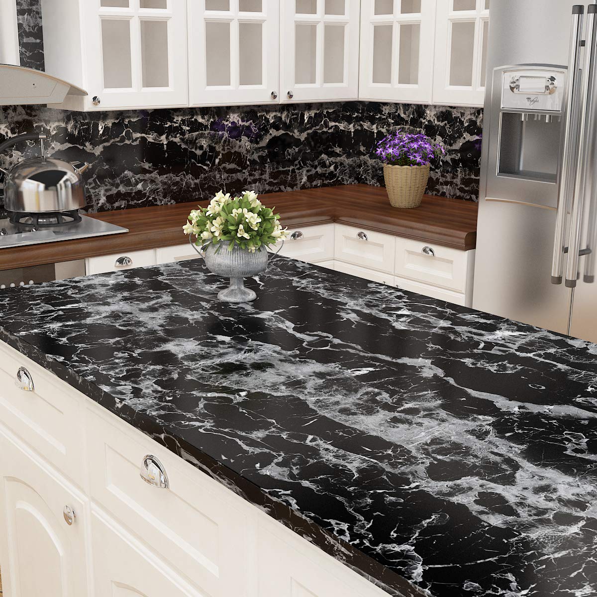 Livelynine 15.8x394 Inch Black Marble Contact Paper - Peel and Stick Waterproof Vinyl Wrap for Countertops, Kitchen Cabinets, Tables & Desks | Self-Adhesive Cover for Home & Office Renovation | Easy DIY Upgrade for Countertop Protection & Stylish Décor